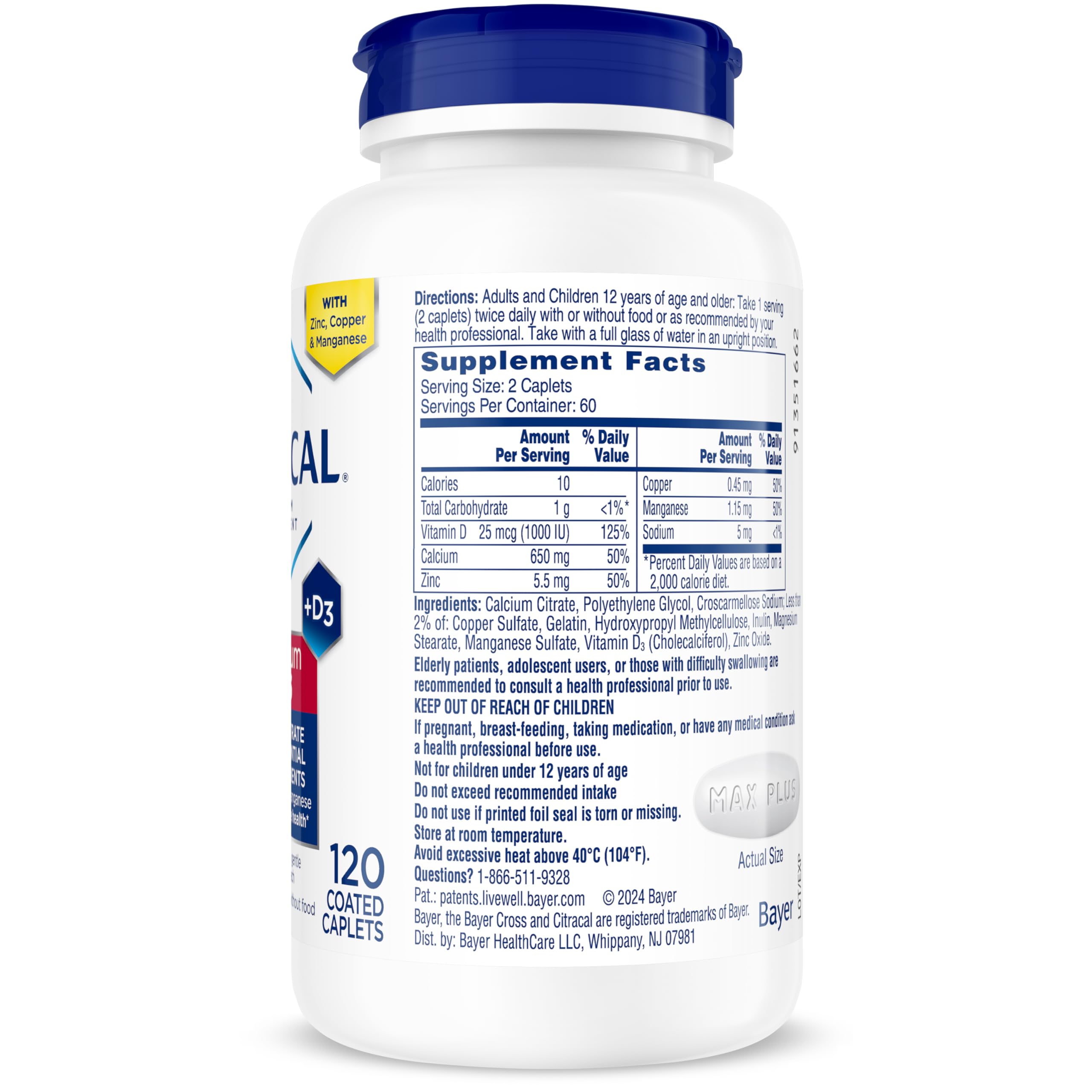Citracal Maximum Plus Calcium Supplement - Calcium Citrate with Vitamin D3, Zinc, & Essential Minerals for Bone Health Support