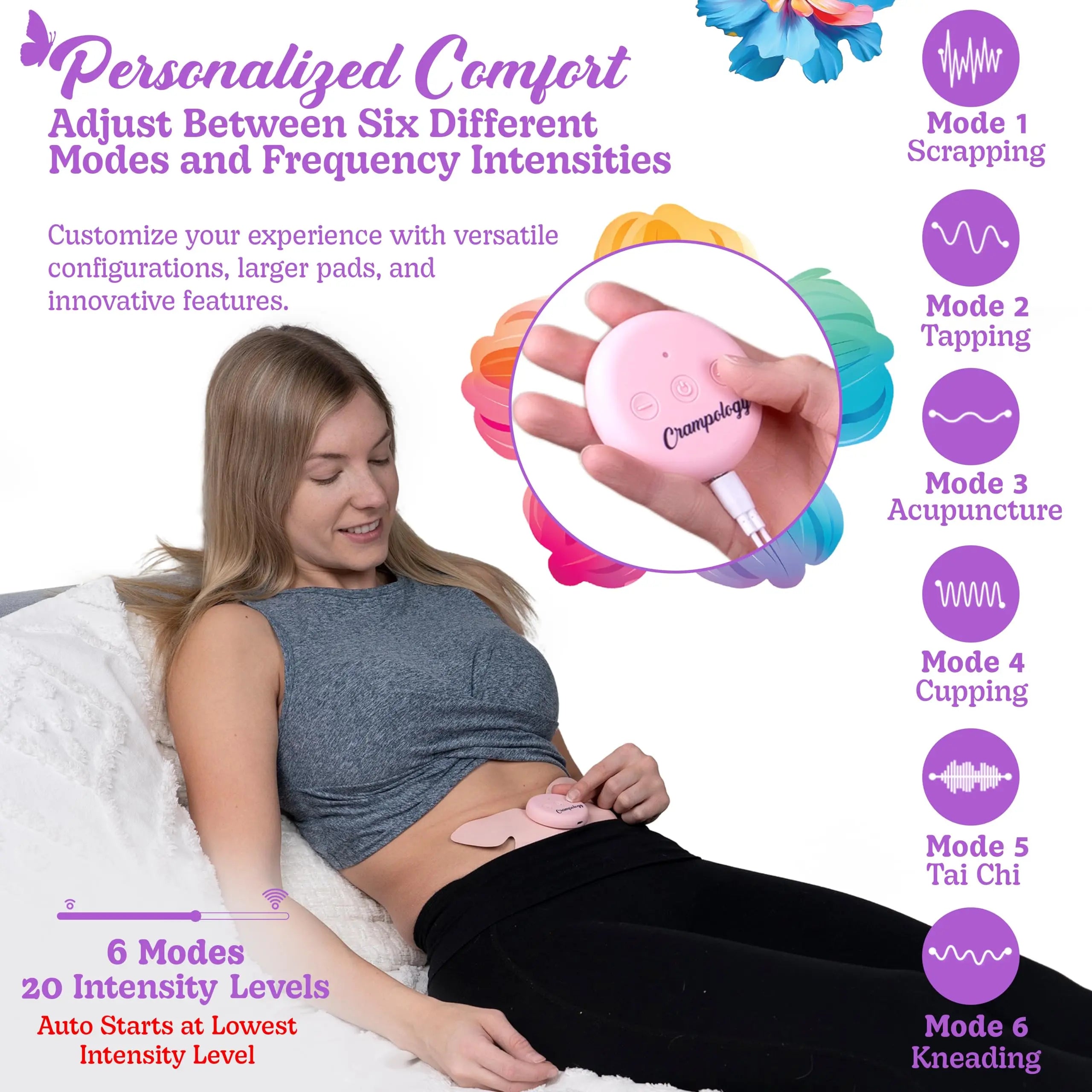 Crampology Relief Pink-Period Cramps Pain Relieving Device, Cramp Massager for Menstrual and Lower Back Ache, Reduces Endometriosis Discomfort, PMS TENS Unit, Wireless or Wired, Natural Cycle Support Crampology Au supplements