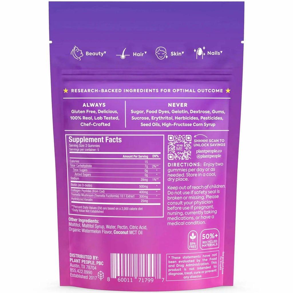 Plant People WonderBeauty Hair, Skin & Nails Rejuvenation Gummies with Tremella Mushroom, Marine Collagen Peptides, Keratin, & Biotin Plant People Au supplements