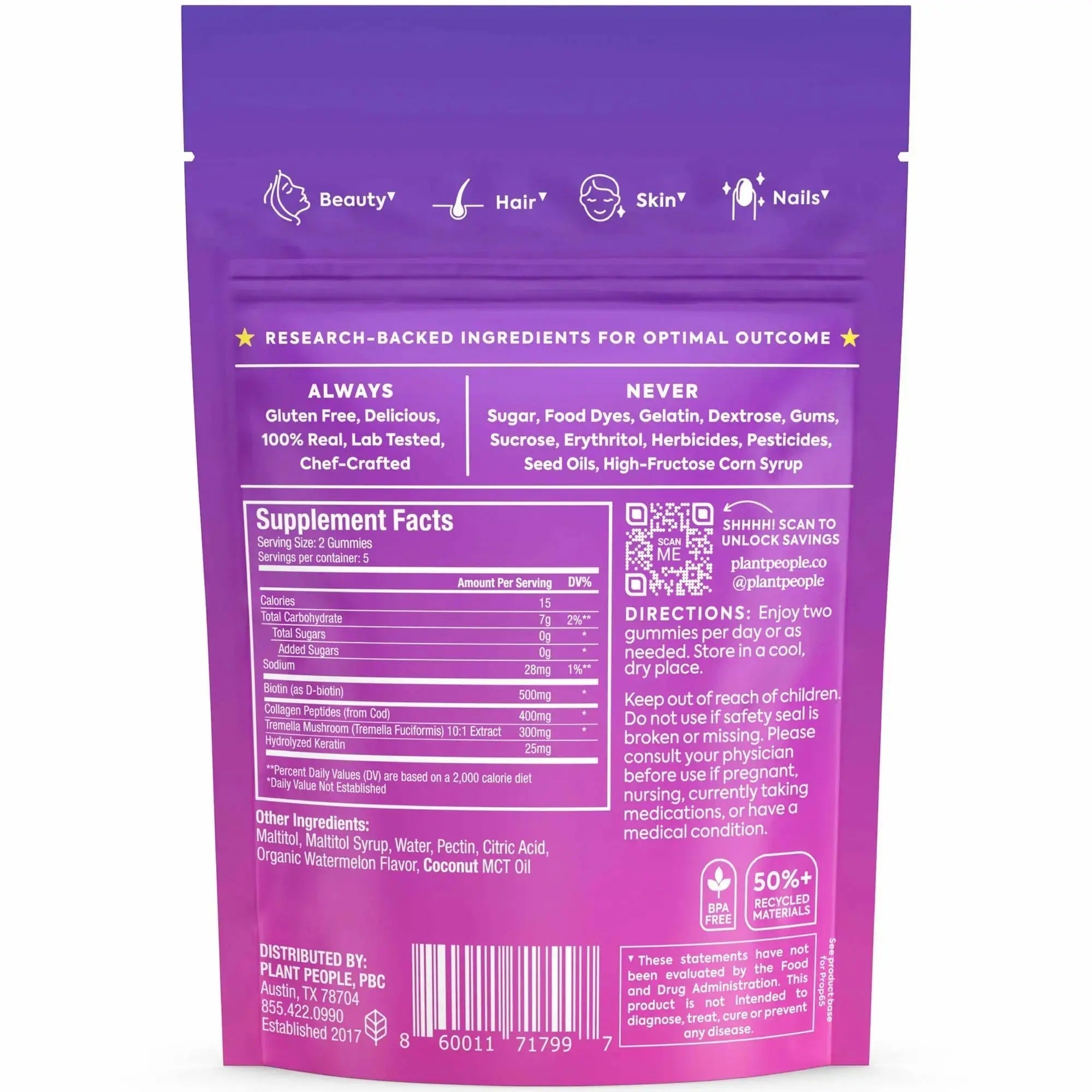Plant People WonderBeauty Hair, Skin & Nails Rejuvenation Gummies with Tremella Mushroom, Marine Collagen Peptides, Keratin, & Biotin Plant People Au supplements