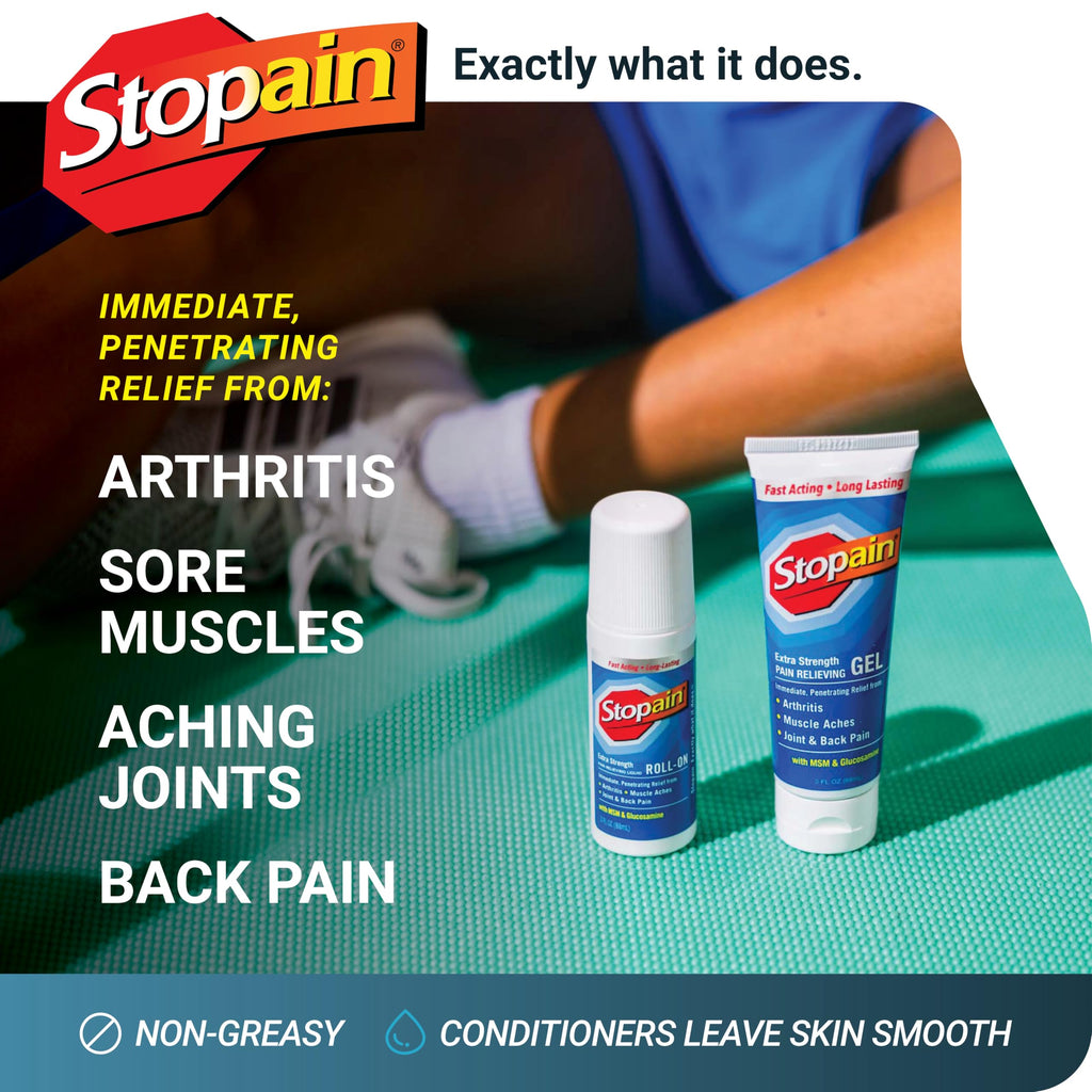 Stopain Pain Relief Combo Set (Gel, Roll On, Spray) USA Made, Max Strength Fast Acting with MSM, Glucosamine, Menthol for Lower Back, Knee, Neck HSA FSA Topical Analgesic Products Stopain Au supplements