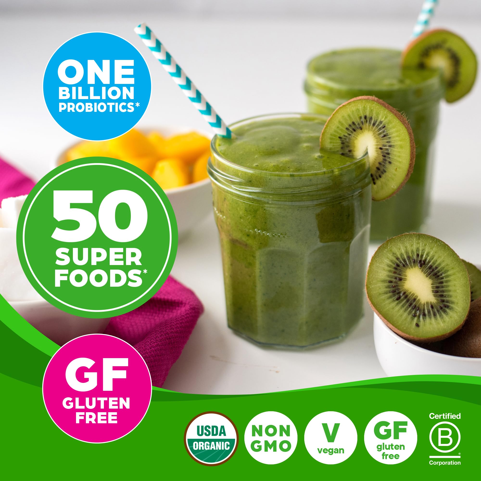 Orgain Organic Greens Powder + 50 Superfoods, Original - 1 Billion Probiotics for Digestive Health, Antioxidants, Vegan, Plant-Based, Gluten-Free, Non-GMO