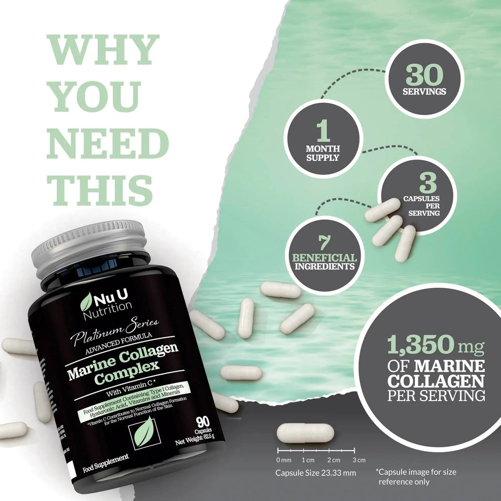 Marine Collagen with Hyaluronic Acid, Vitamin C - 90 Hydrolysed Capsules (not Tablets) - Premium High Strength Collagen Nu U Nutrition Au supplements