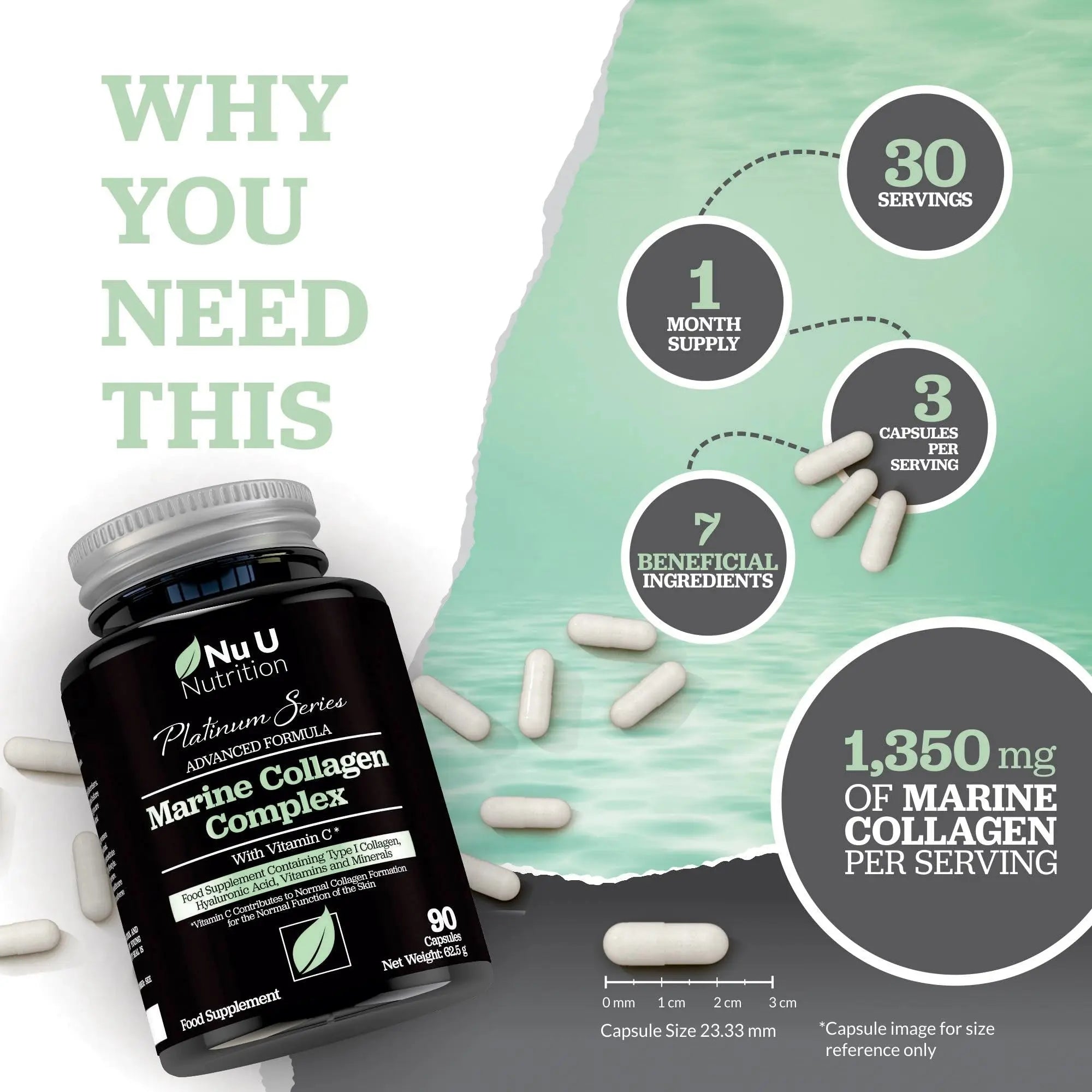 Marine Collagen with Hyaluronic Acid, Vitamin C - 90 Hydrolysed Capsules (not Tablets) - Premium High Strength Collagen Nu U Nutrition Au supplements
