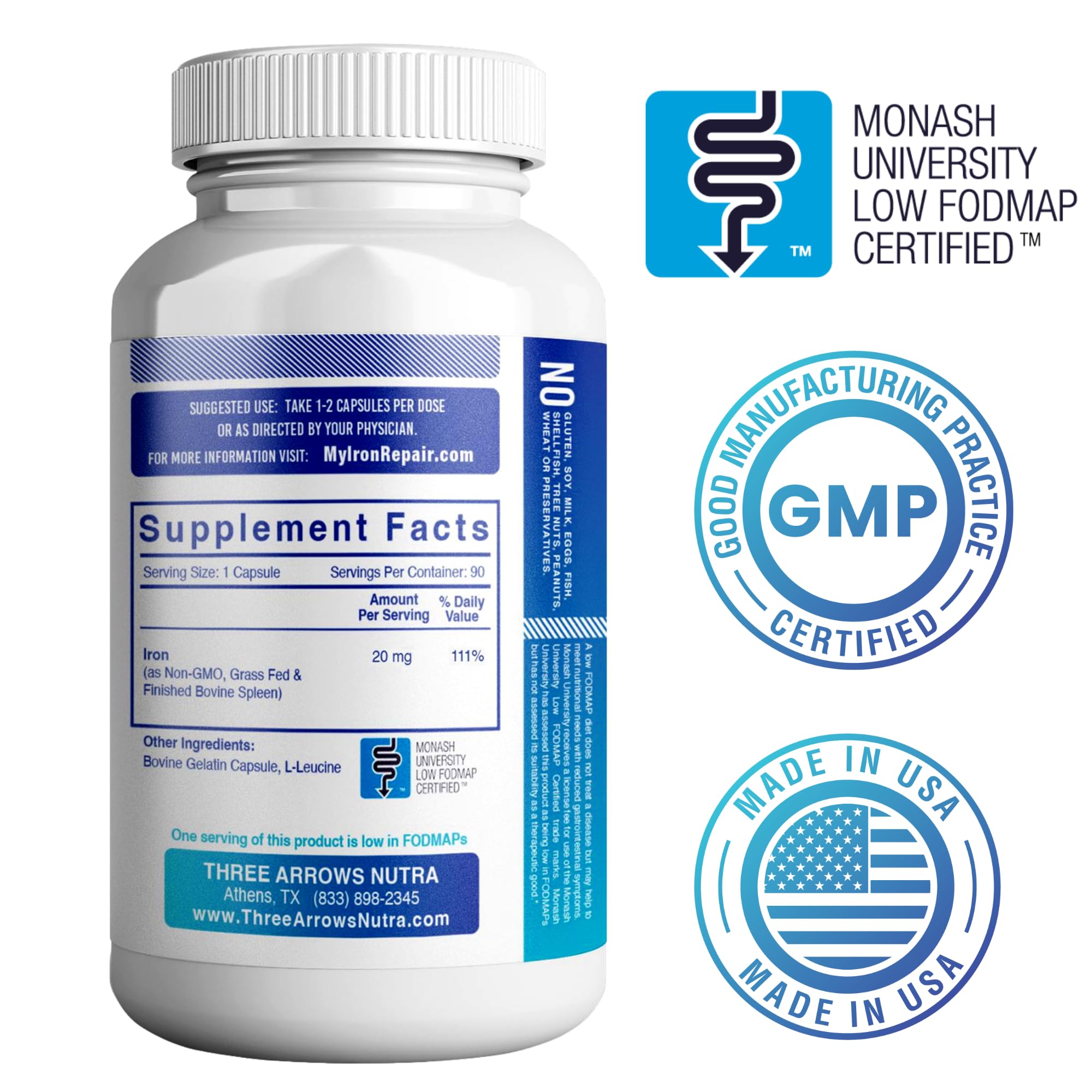 Iron Repair Simply Natural Iron Supplement, Best Absorption & Gentle on Stomach, Monash Low FODMAP, Raise Hemoglobin & Ferritin Iron Pills for Women, Men, Teens