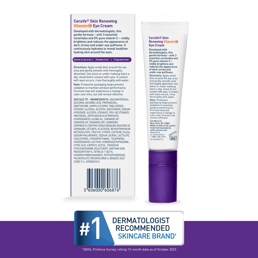 CeraVe Skin Renewing Vitamin C Eye Cream, Vitamin C, Hyaluronic Acid, Ceramides & Caffeine, Under Eye Cream For Dark Circles and Puffiness