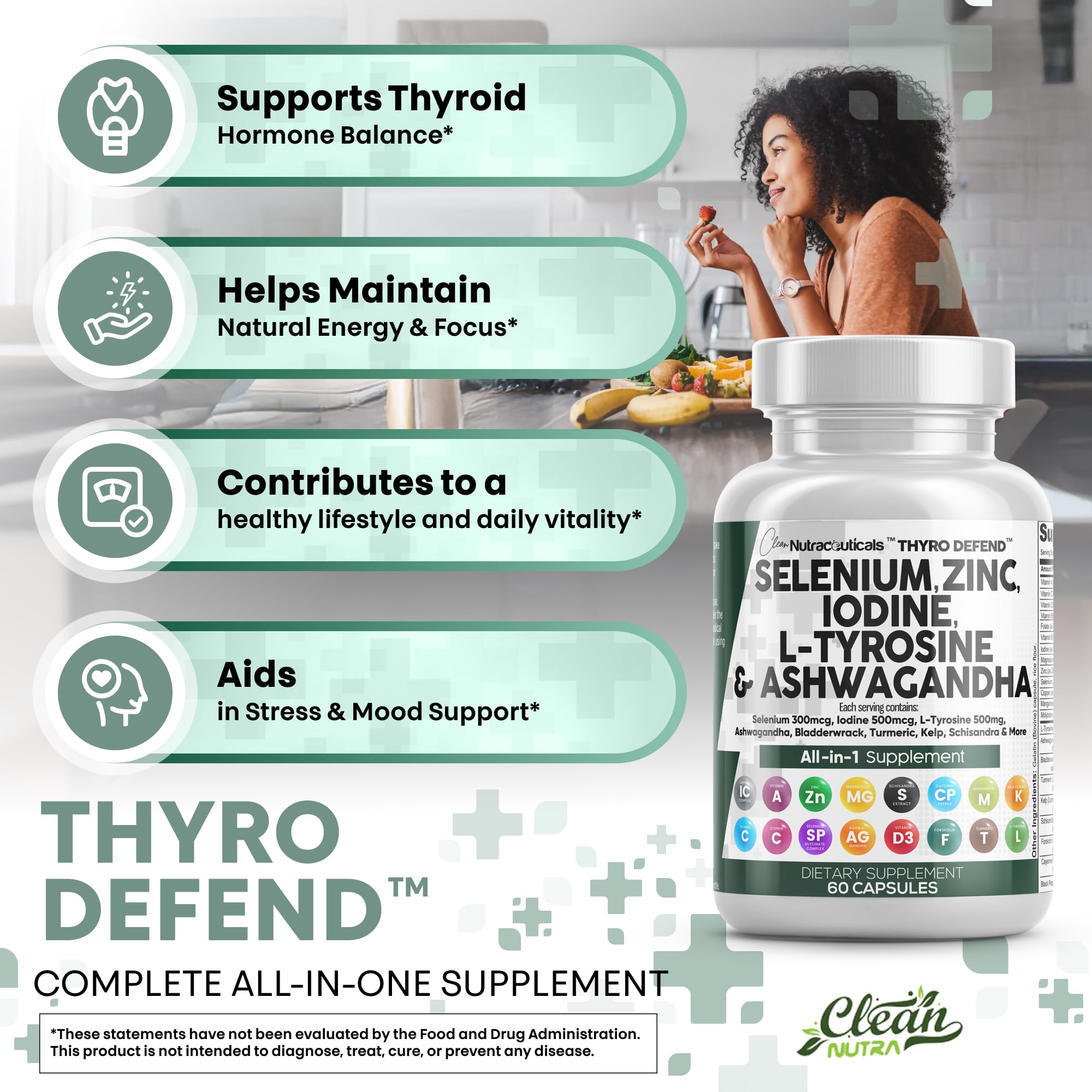 Clean Nutra Selenium 300mcg Iodine 500mcg Thyroid Support for Women & Men | L Tyrosine 500mg Ashwagandha Supplement Bladderwrack, Turmeric, Kelp, Schisandra Zinc Pills Capsule Supplements Clean Nutraceuticals Au supplements