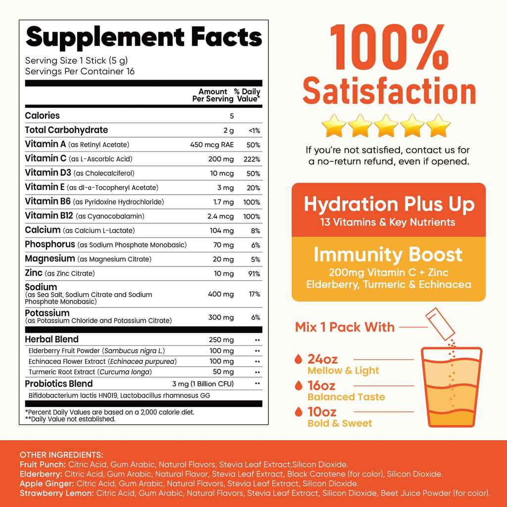 Venture Pal 2-in-1 Hydration + Immune Electrolytes Powder Packets with 7 Electrolytes & 6 Vitamins, Elderberry, Turmeric, Echinacea | Liquid Daily IV Drink Mix