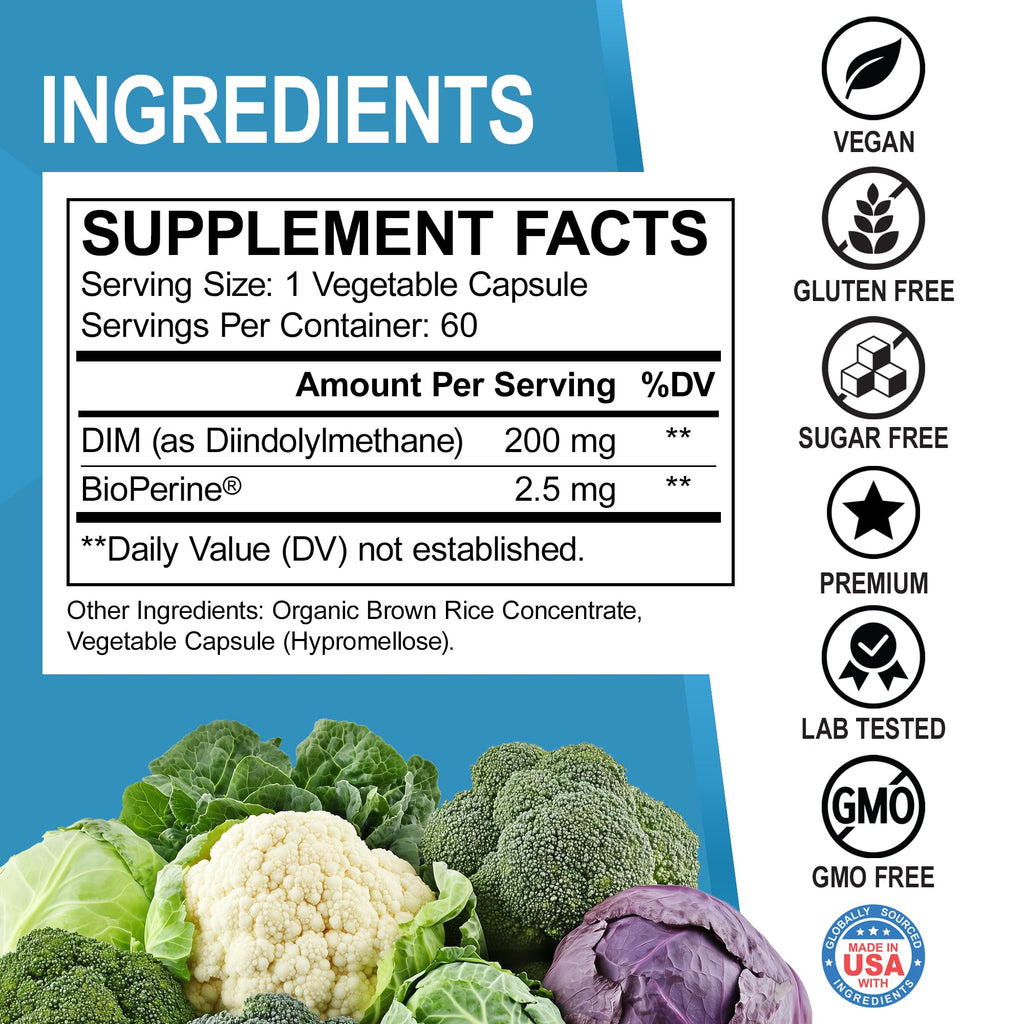 DIM Supplement for Women & Men 200mg - Androgen Estrogen Blocker for Men & Women, Hormonal Acne Pills, Hormone Balance, Menopause Support, Diindolylmethane DIM Supplement Plus BioPerine - 60 Capsules DR. BO Au supplements
