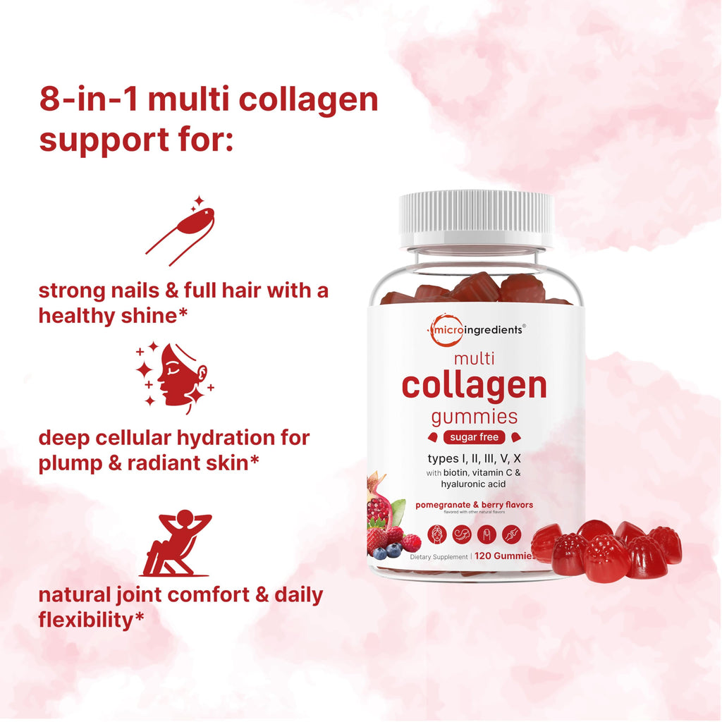 Micro Ingredients Multi Collagen Peptides, 120 Collagen Gummies | Type I,II,III,V,X Protein with Biotin, Hyaluronic Acid, & Vitamin C Complex | Pomegranate & Berry Flavored