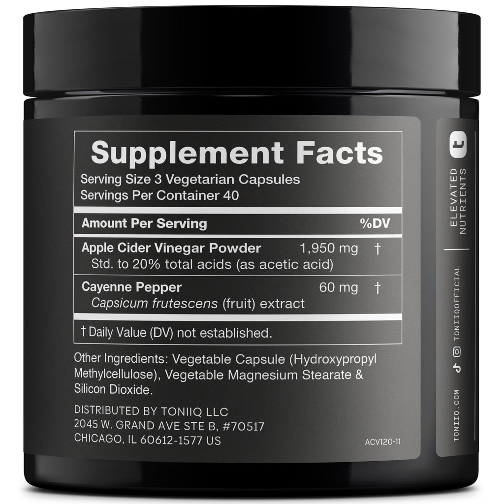 Toniiq Apple Cider Vinegar Capsules - Ultra High Potency 2,010mg Formula with 20% Acetic Acid & Cayenne Pepper - Made with The Mother - Third-Party Lab Tested - 120 Capsules Toniiq Au supplements