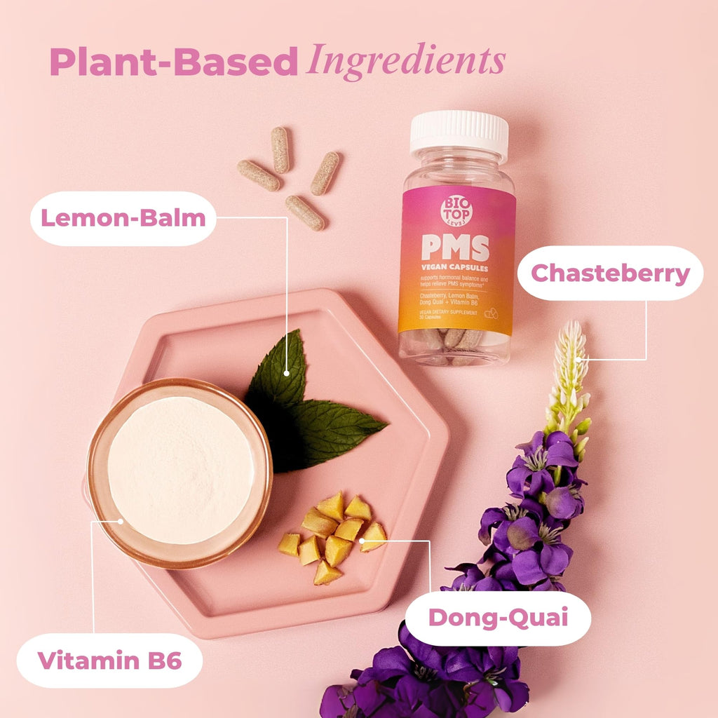 BIOTOPLEVEL PMS Support Supplement for Women & PMS Relief, Hormone Balance & Menstrual Period Relief for Cramps, Bloating & Mood Swings with Chasteberry, Vitamin B6, Lemon Balm, Dong Quai, 30 Count BIOTOPLEVEL Au supplements