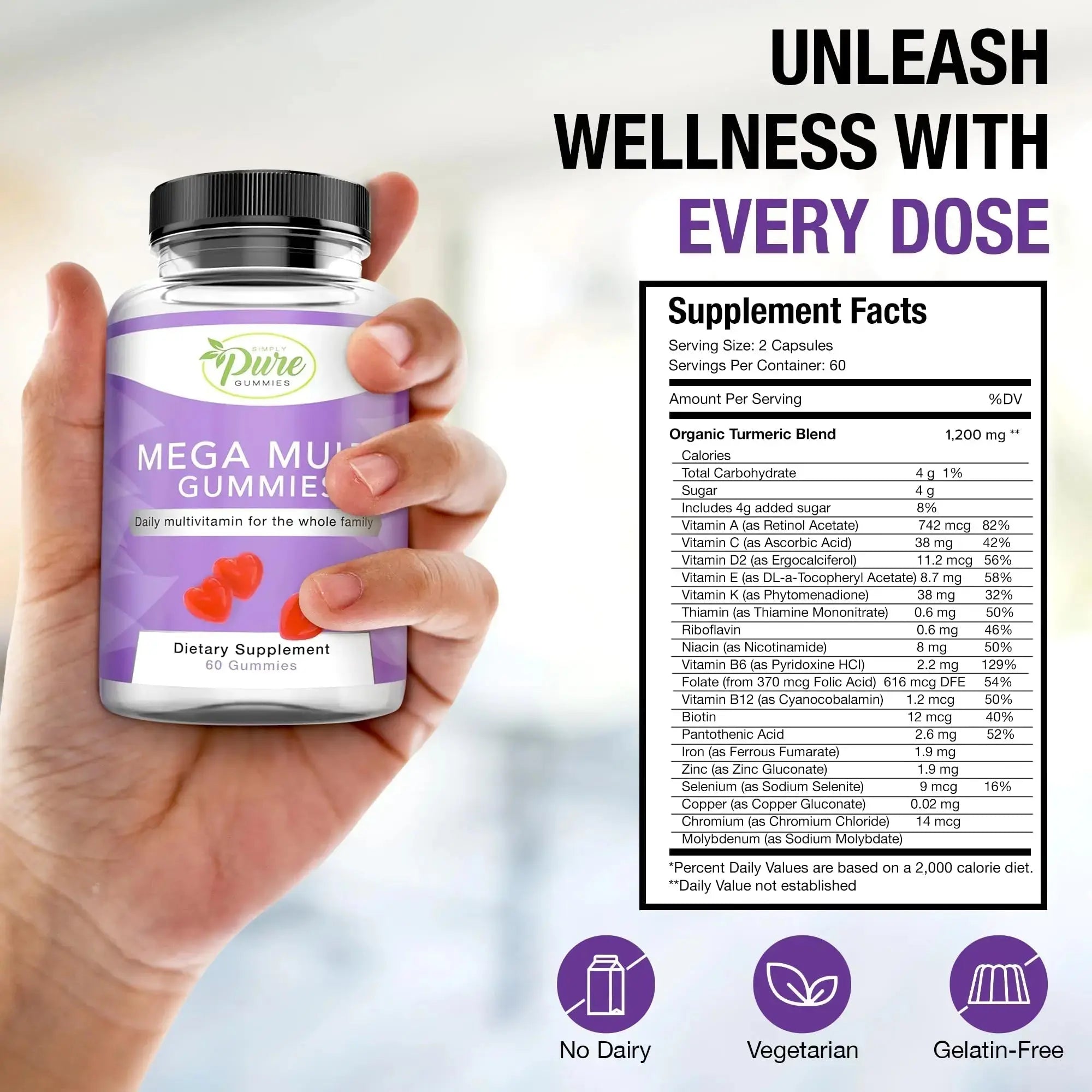 Pure By Nature Mega Multi Gummies, Multivitamin Gummies for Women & Men, Kids Multivitamin Gummies with A, D2, C, E, K, Biotin Pure By Nature Au supplements