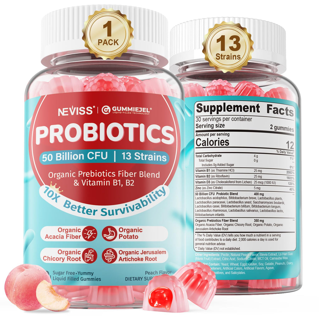 NEVISS Probiotic + Prebiotic Gummies for Adults & Kids 4+, Sugar Free Chewable 50 Billion CFUs w/Fiber, Vitamin B1 B2 D3 & Zinc, for Digestive & Gut Health
