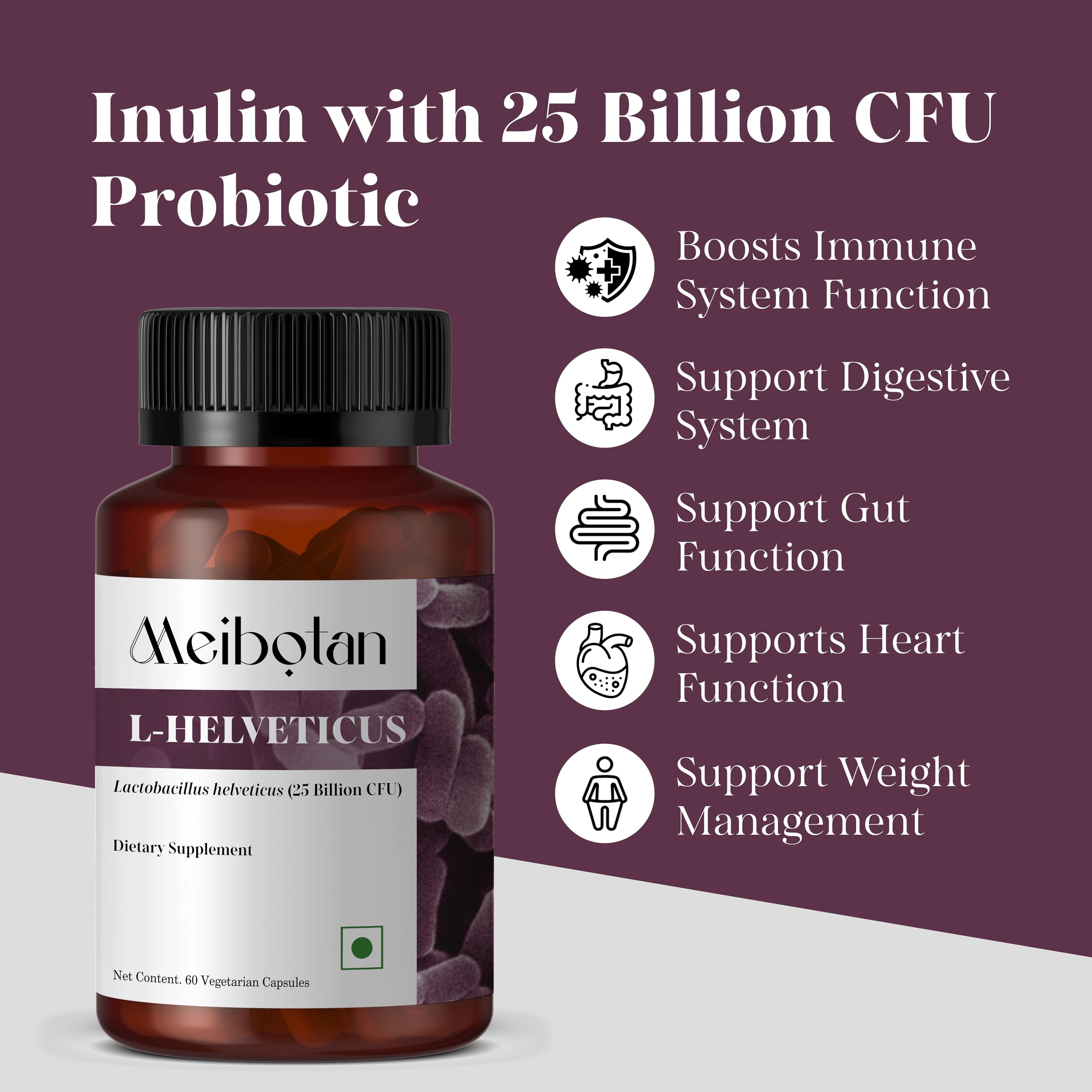 MEIBOTAN L-Helveticus Probiotic Bacteria with 25 Billion CFU for Women & Men, Helps Digestion, Nutrient Absorption and Fight Bad Bacterias - 60 Veggie Capsules