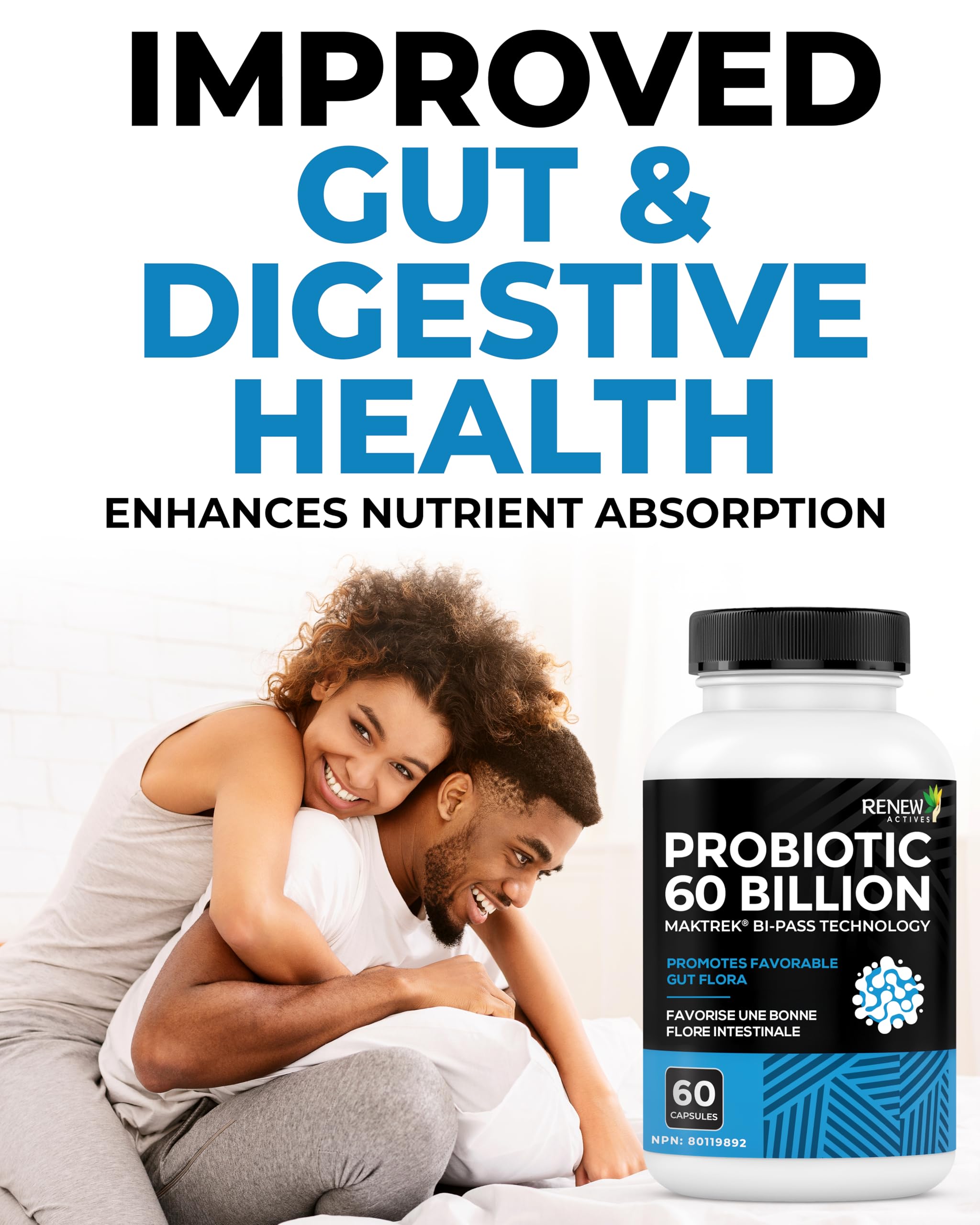 Renew Actives Probiotic Supplement for Digestive Health 60 Billion CFU per 2 Capsules - Advanced Formula with Prebiotic Benefits - Supports Gut Flora Balance & Wellness - Made in Canada - 60 Capsules Renew Actives Au supplements