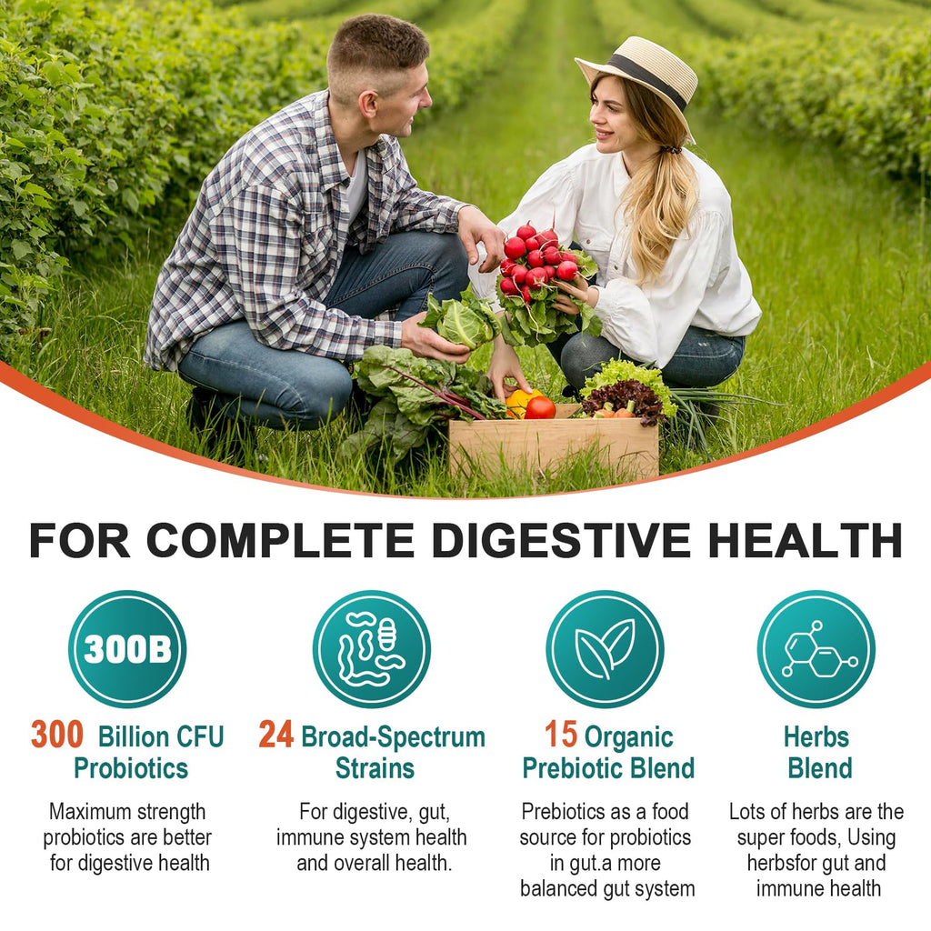 Probiotics for Women & Men - 300 Billion CFU, 24 Strains Probiotic + 15 Organic Herbs Prebiotics Blend, for Overall Digestive Gut Health, Immune, Constipation & Bloating, Shelf Stable - 4 Month Supply Cfuful Au supplements