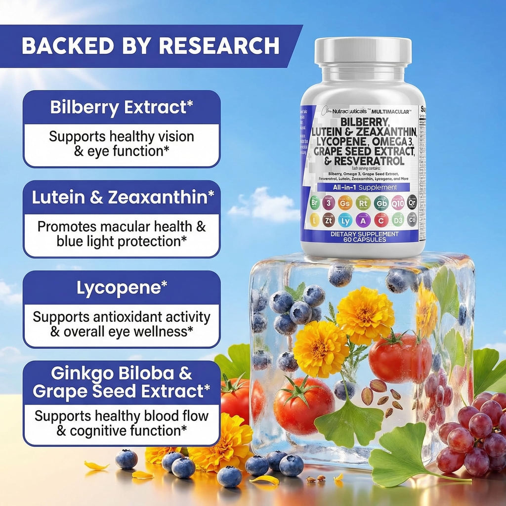 Clean Nutra Eye Vitamins with Bilberry Lutein and Zeaxanthin Supplements Lycopene 40mg Resveratrol Grape Seed Astaxanthin for Eyes - Eye Care Health Support Eye