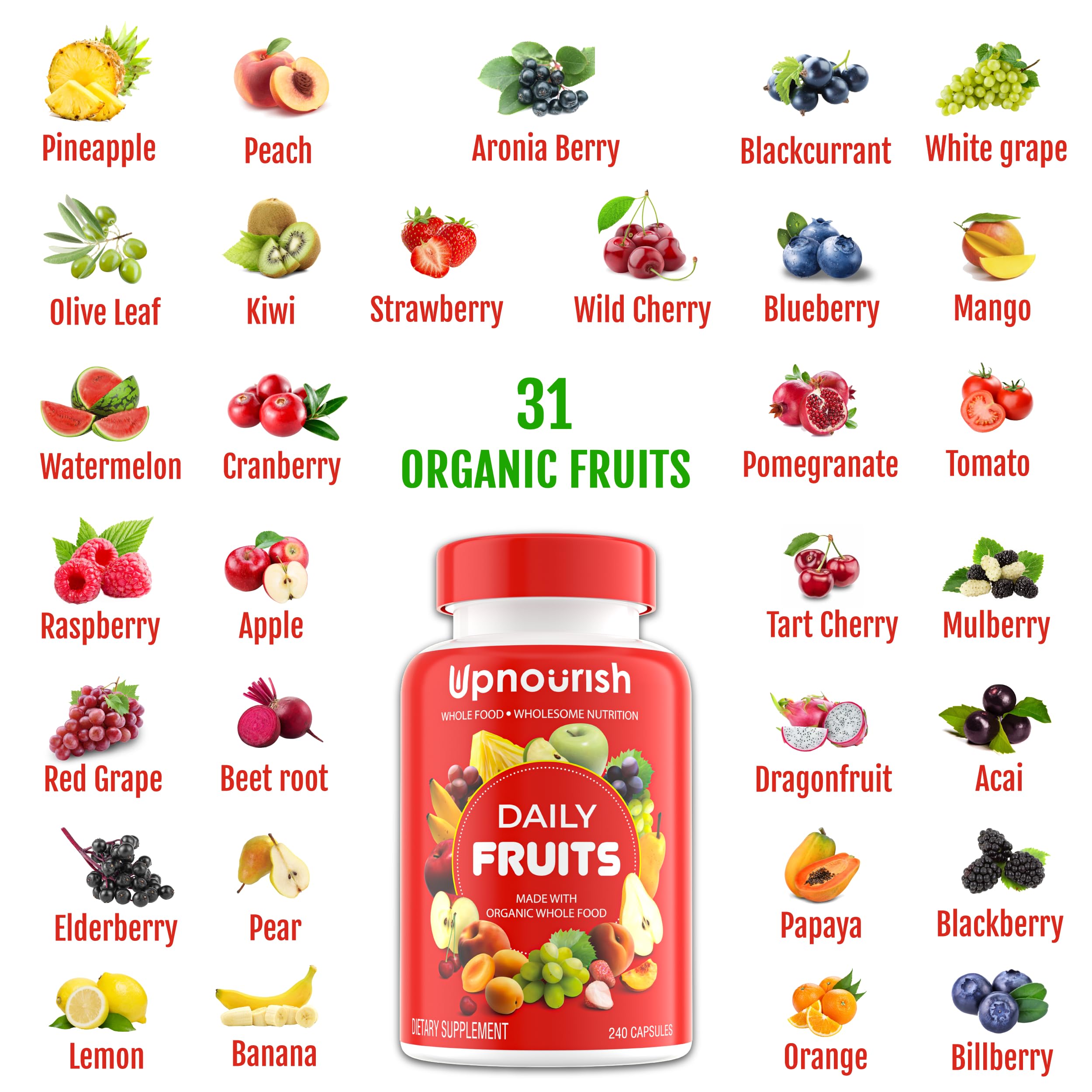 UpNourish Organic Fruits and Veggies Supplement - Support Diet Balance, Body Cleanse & Energy - 480 Fruits and Super Greens Capsules from Nature - Fruit and Vegetable Supplements for Adults & Kids UpNourish Au supplements