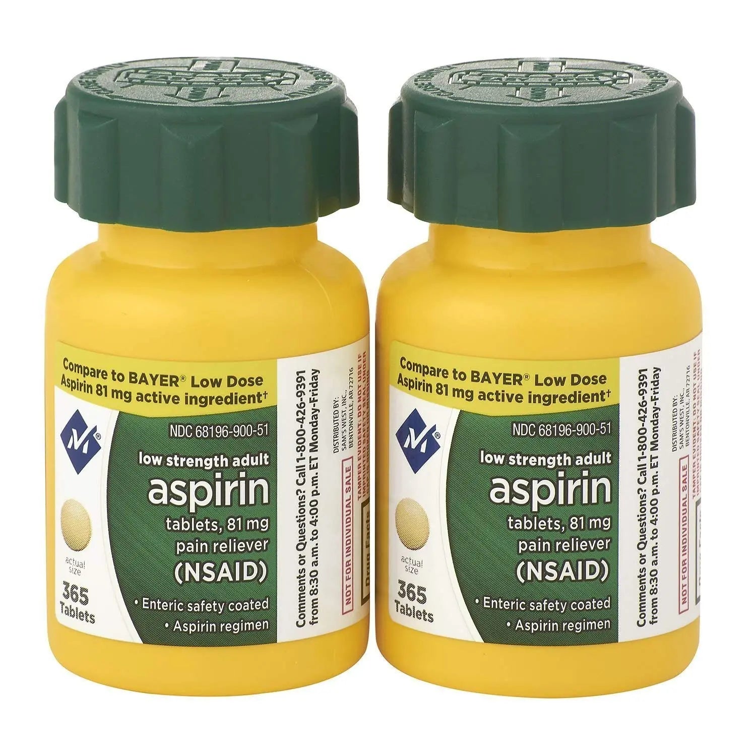 Sam's West Member's Mark Low Strength Adults Enteric Safety Coated Aspirin Regimen Tablets Pain Reliever NSAID, 81 mg, 2 Bottles, 730 Tablets MEMBER´S MARK Au supplements