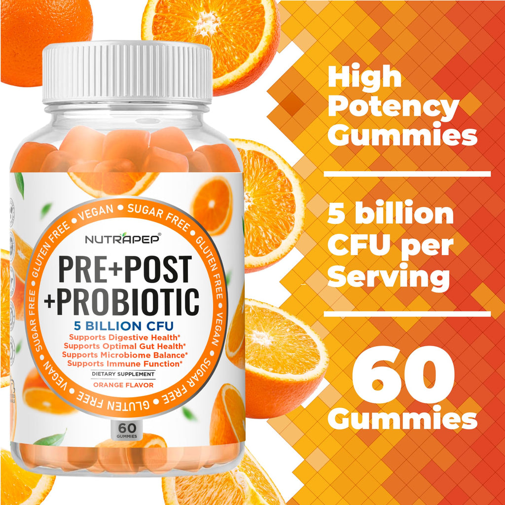 NutraPep Prebiotic Probiotic & Postbiotic Gummies for Women Men & Kids Children - High Potency 5 Billion CFU - Sugar-Free & Gluten 60 Count (Pack of 2)