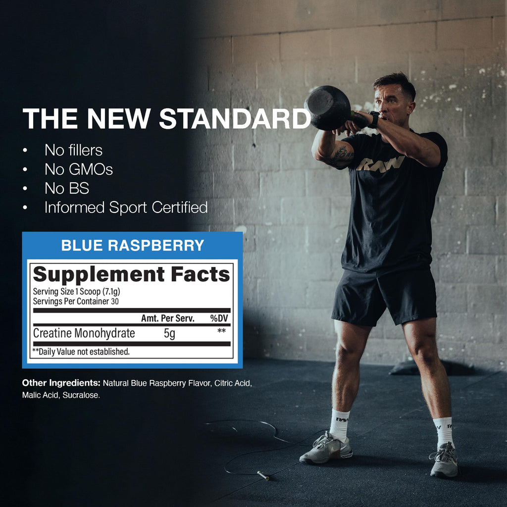 RAW Nutrition Creatine Monohydrate Powder, Blue Raspberry (30 Servings) - Micronized Creatine Monohydrate Supplement for Workout Performance, Build Muscle & Strength