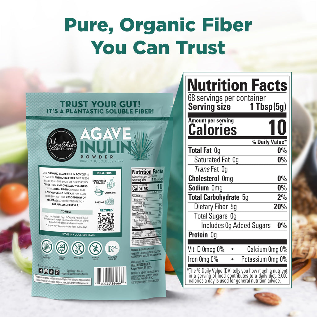 Healthier Comforts Organic Inulin Powder (12 oz) from Blue Agave | Soluble Prebiotic Fiber, Gentle on Digestion, Non-GMO | Perfect for Coffee, Baking & Cooking