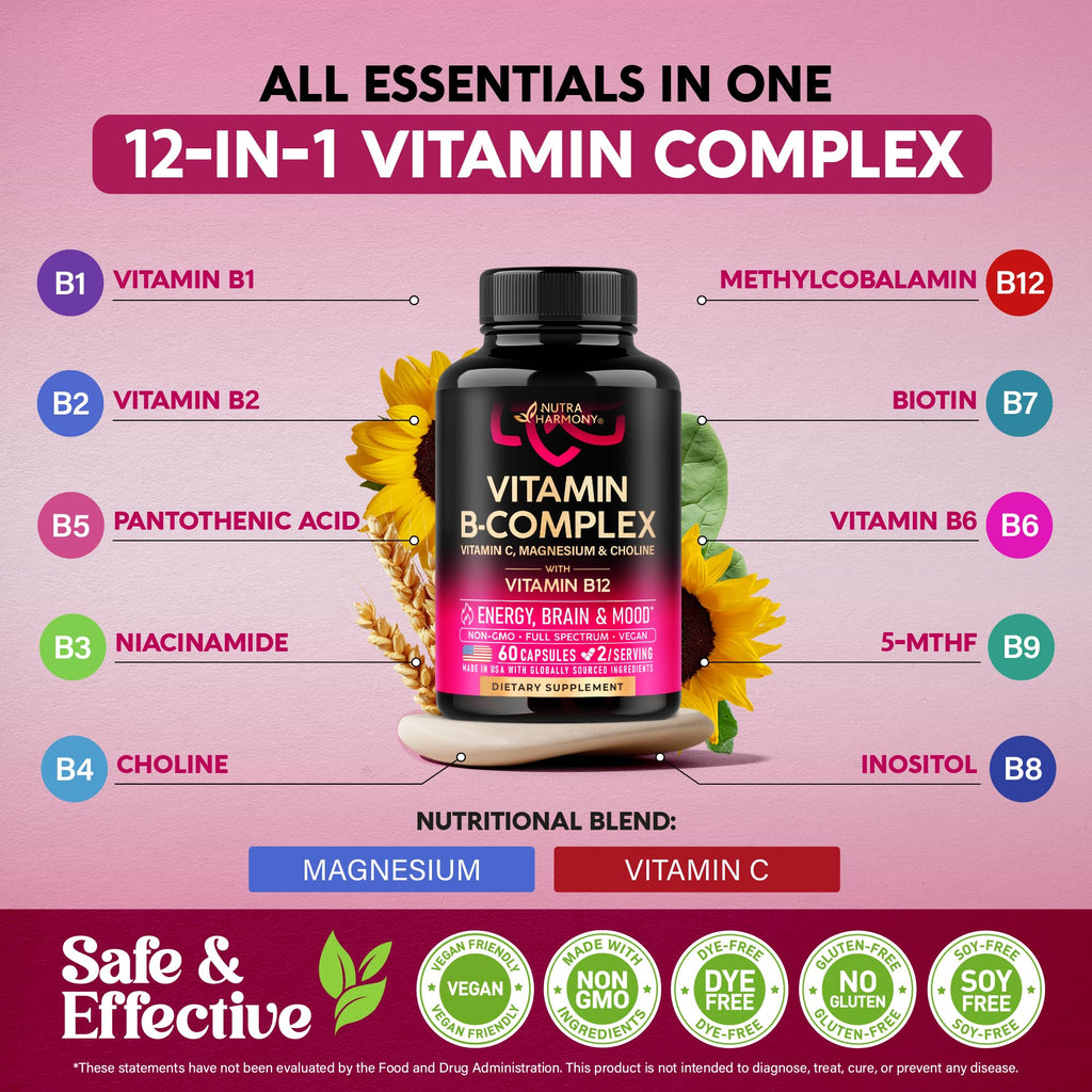 Vitamin B Complex for Men & Women - Riboflavin B2, B12, B1, B3, B5, B6, B7, B8, B9 | Vitamin C, Choline, Inositol - B-Complex Supplement