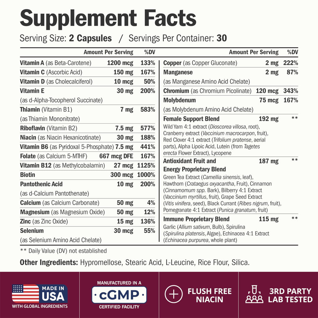 Multivitamin for Women with Methylated Vitamins and Chelated Minerals for Energy, Focus and Immune Health
