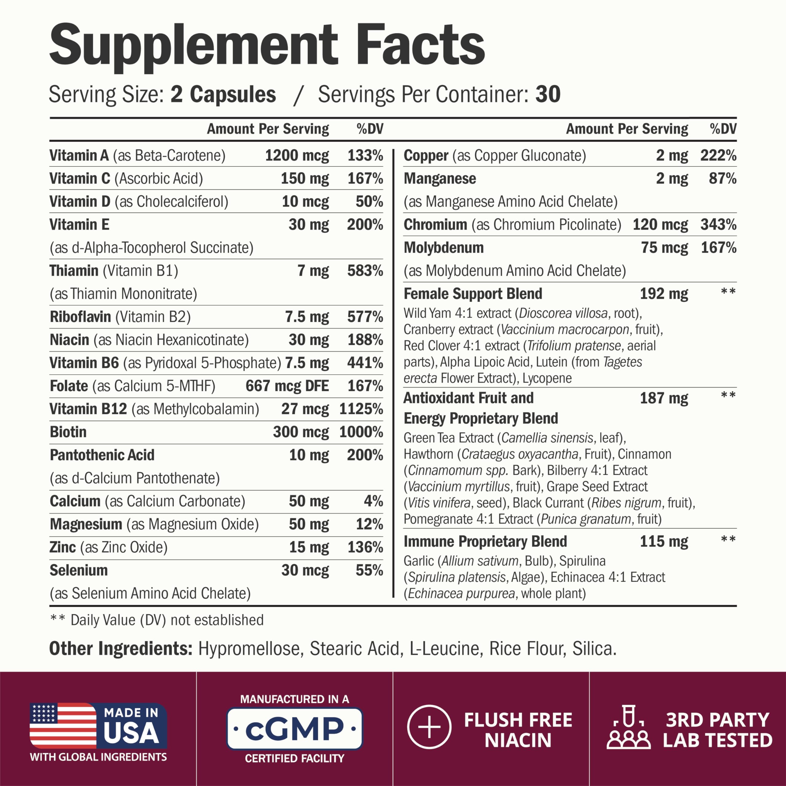 Multivitamin for Women with Methylated Vitamins and Chelated Minerals for Energy, Focus and Immune Health
