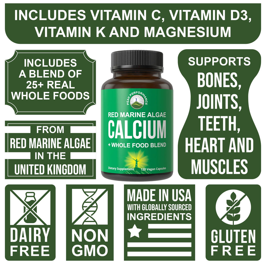Plant Based Calcium - Red Marine Algae Calcium Supplement with Vitamin C, D3, K, Magnesium, and Whole Food Vegetable Blend. Vegan Capsules for Bones and Joints. 120 Pills, Tablets Peak Performance Au supplements