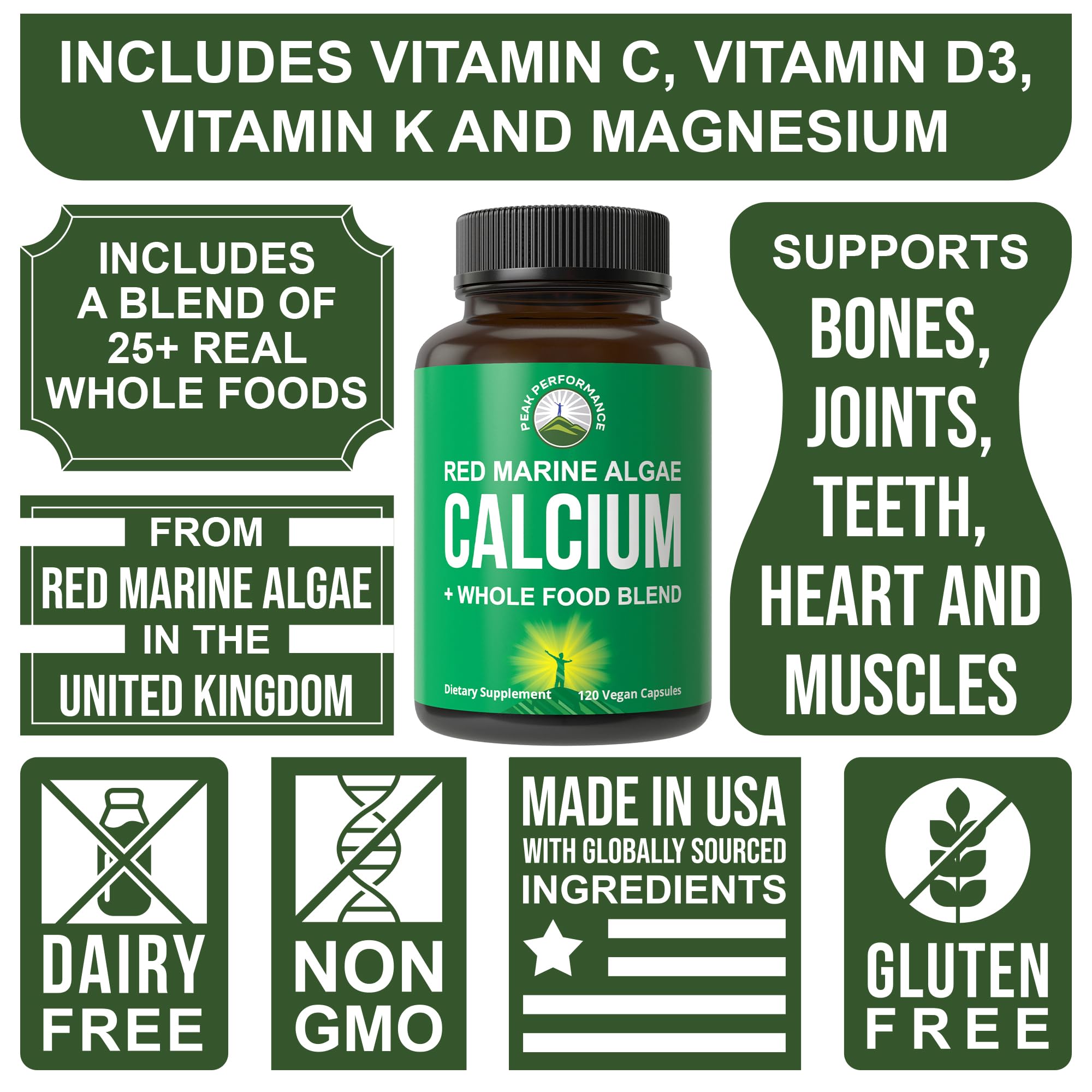 Plant Based Calcium - Red Marine Algae Calcium Supplement with Vitamin C, D3, K, Magnesium, and Whole Food Vegetable Blend. Vegan Capsules for Bones and Joints. 120 Pills, Tablets Peak Performance Au supplements