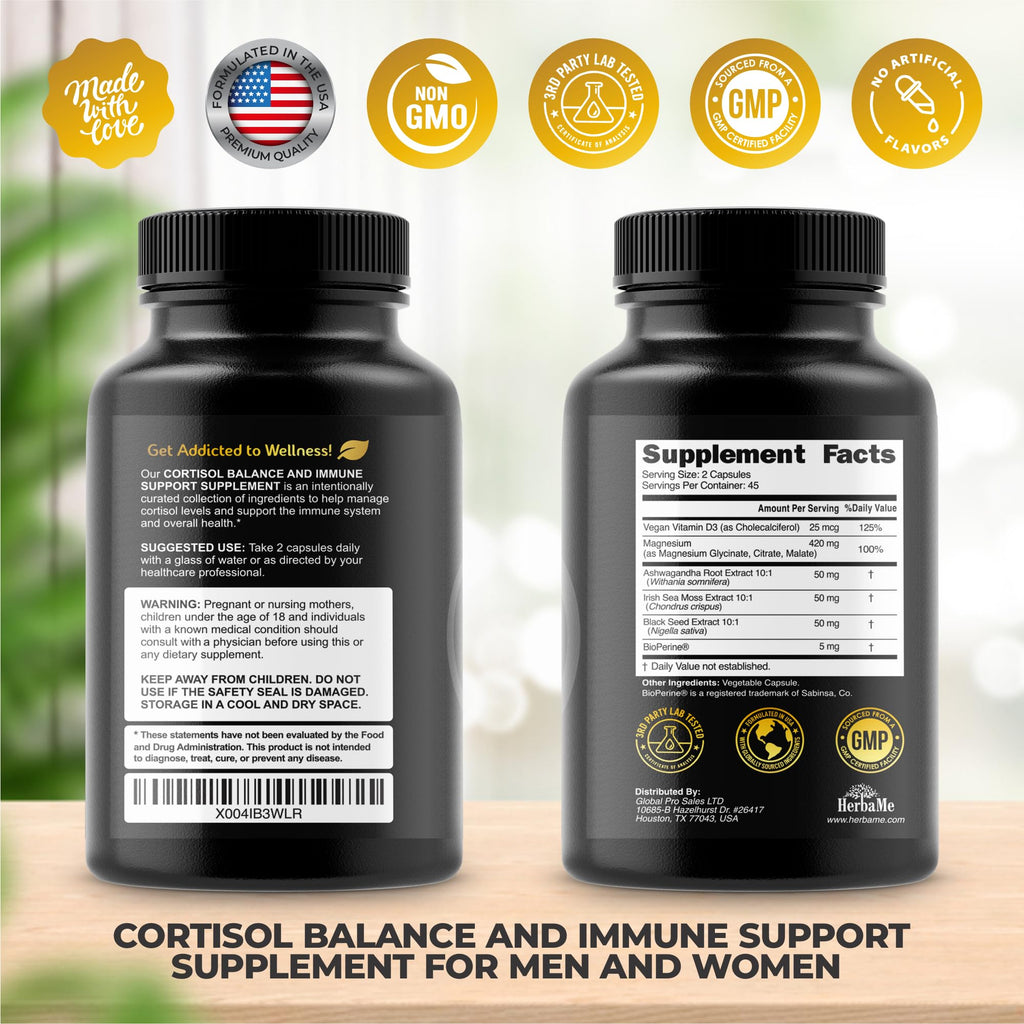 Cortisol Balance and Immune Support Supplement with Ashwagandha, Irish Sea Moss, Black Seed, Vitamin D and Magnesium Complex | Mood Enhancer | Immunity Booster | Stress Relief Pills | 90 Capsules HerbaMe Au supplements