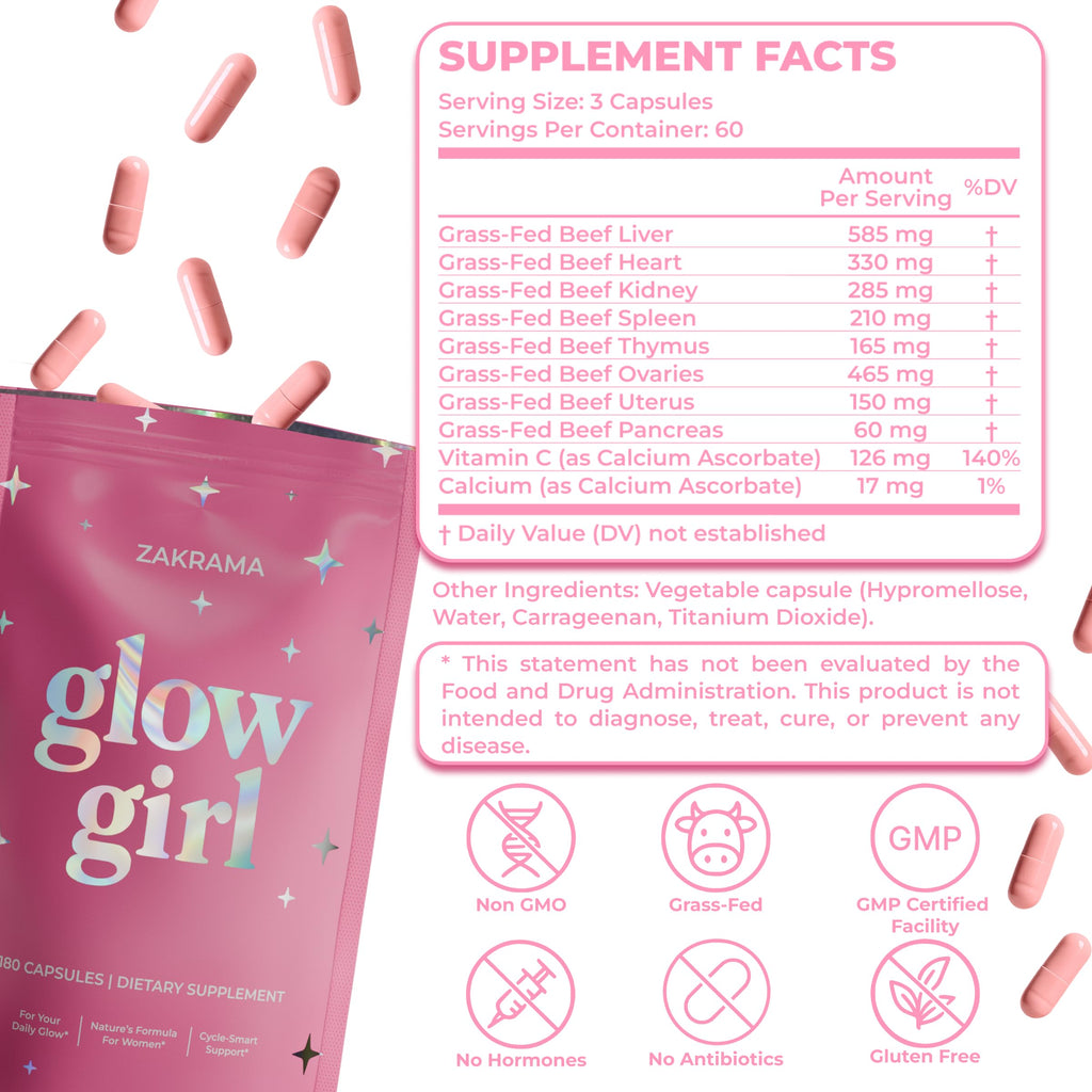 Beef Organ Supplement for Women – Grass-Fed Beef Liver, Ovary, Uterus & Organ Complex for Hormone Balance, Energy & PMS Support – Pasture-Raised + Vitamin C – 180 Capsules | Glow Girl | Zakrama Zakrama Au supplements