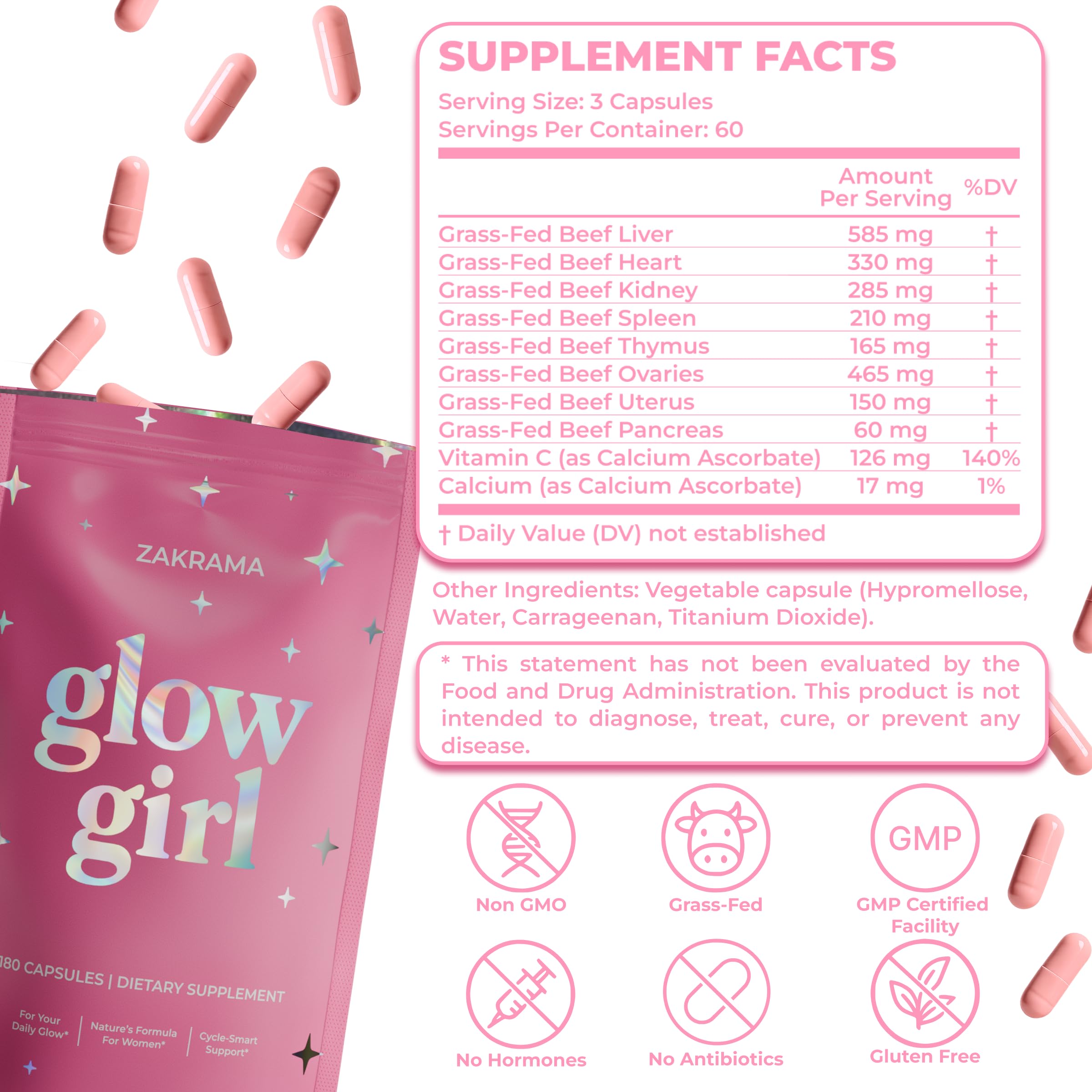 Beef Organ Supplement for Women – Grass-Fed Beef Liver, Ovary, Uterus & Organ Complex for Hormone Balance, Energy & PMS Support – Pasture-Raised + Vitamin C – 180 Capsules | Glow Girl | Zakrama Zakrama Au supplements