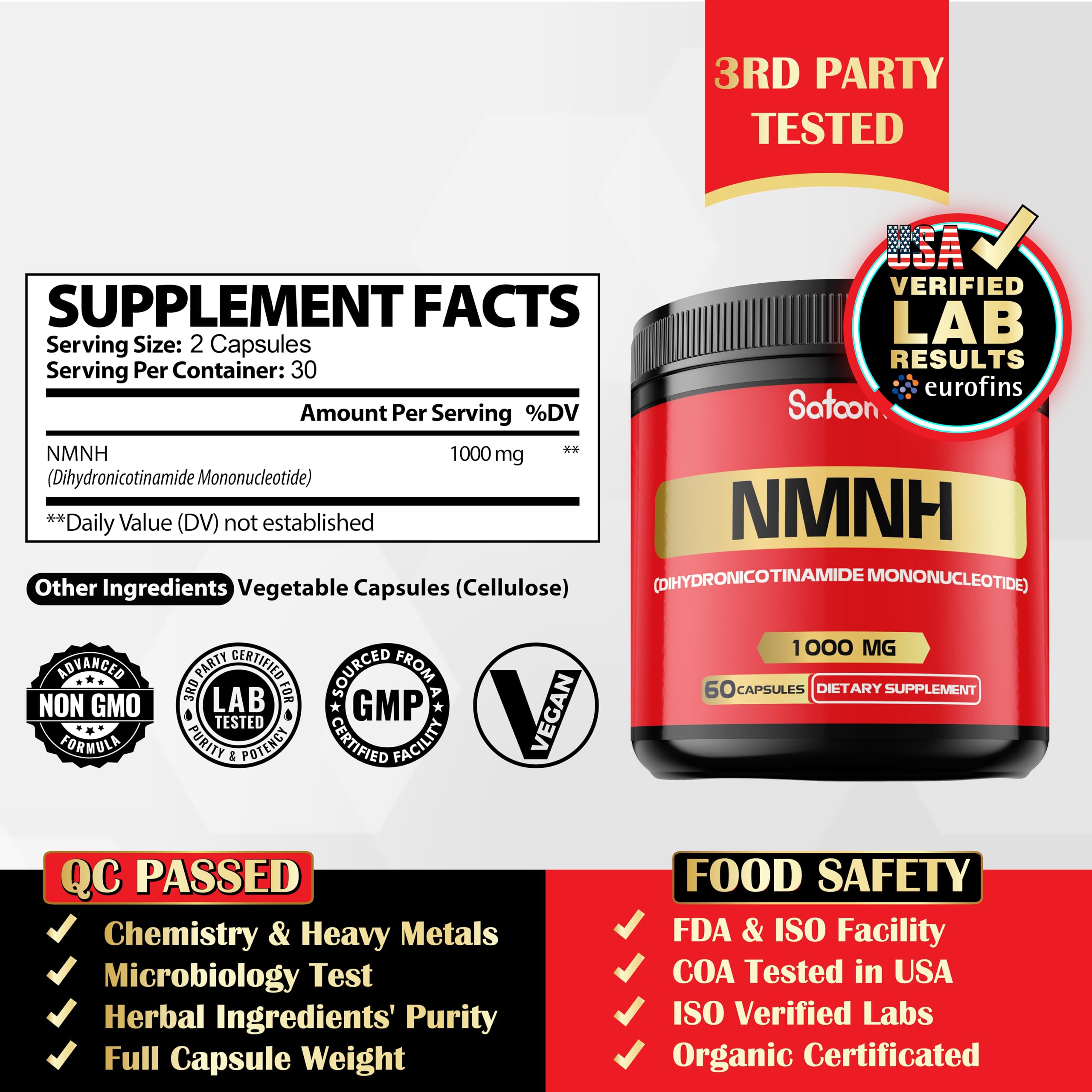 NMNH (Dihydronicotinamide Mononucleotide) -NMN Supplement Alternative - 1000mg per Serving NAD Supplement to Support NAD - 60 Capsules - 30 Days Supply Satoomi Au supplements