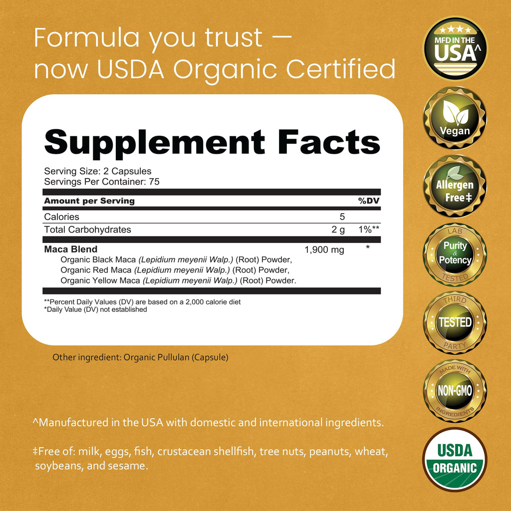 NaturaLife Labs Organic Maca Root – Black, Red & Yellow – 1900 mg per Serving – 150 Capsules – Gelatinized Peruvian Maca
