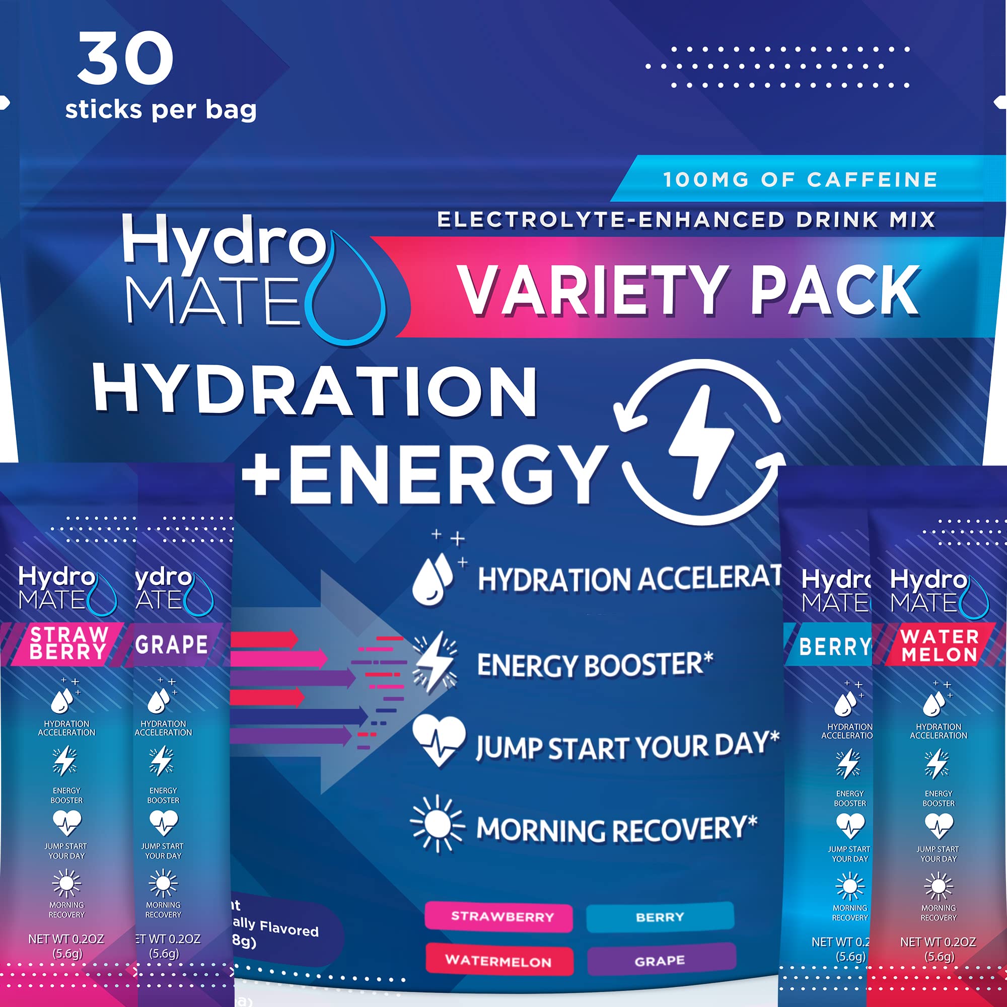 HydroMATE Electrolytes Powder Drink Mix Packets Hydration Accelerator Low Sugar Party Favors for Rapid Recovery Vitamin C Plu