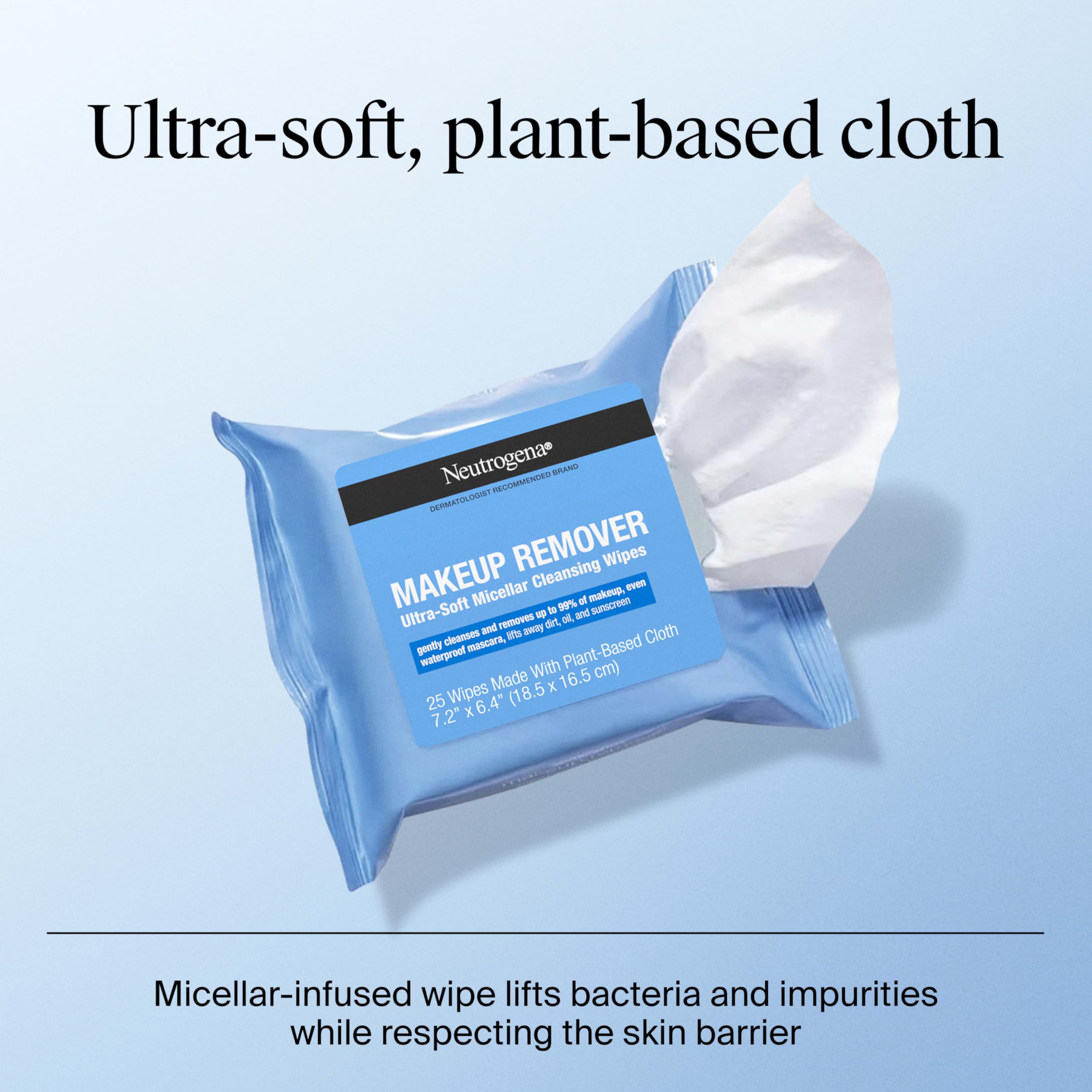 Neutrogena Makeup Remover Wipes Micellar Alcohol-Free Face Towelettes Remove Waterproof Mascara & Oil, Compostable 100% Plant-Based Cloth