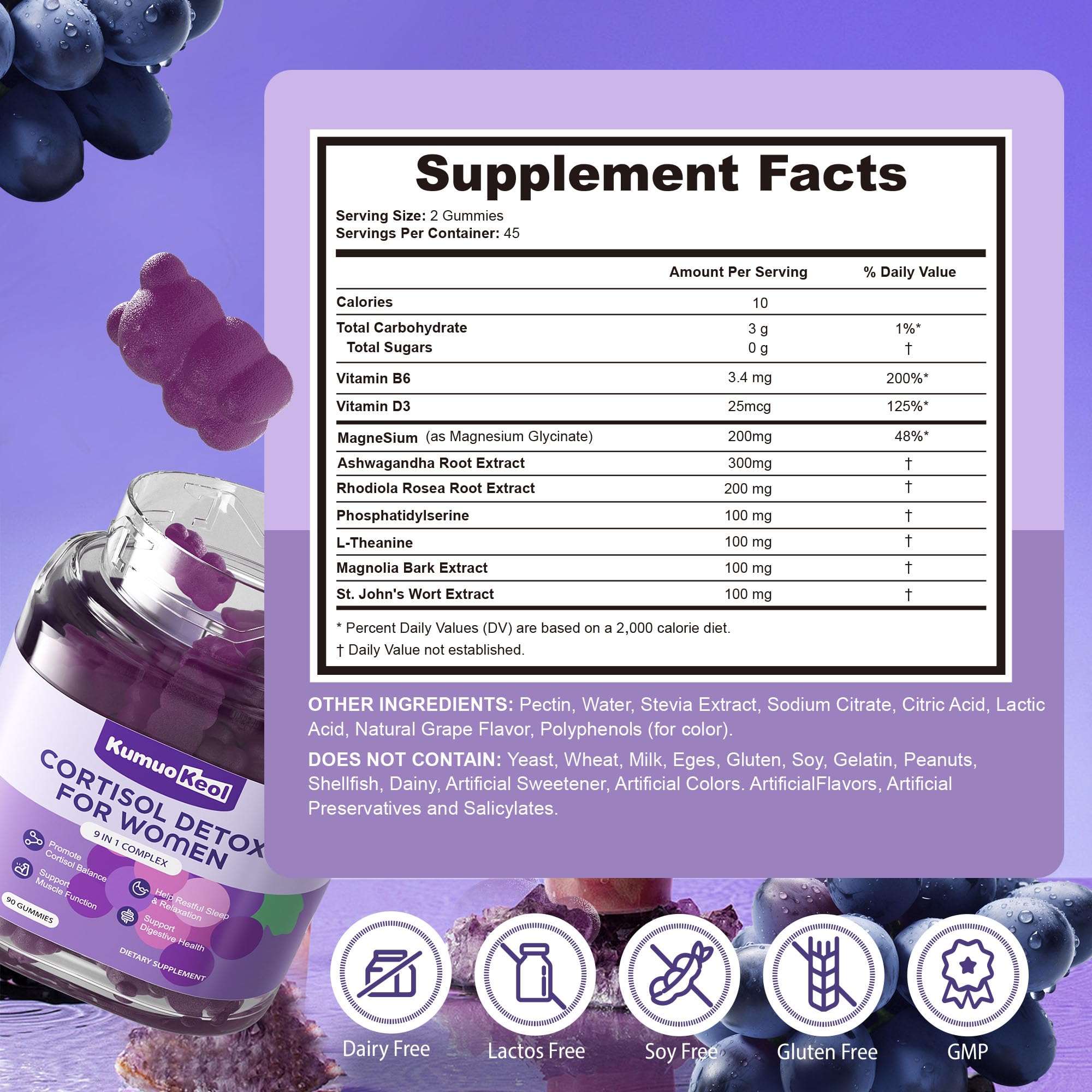 Cortisol Supplements for Women, Lower Cortisol for Women, Cortisol Gummies with Ashwagandha, Magnesium, L-Theanine, Phosphatidylserine, Vitamin, Relaxation, Focus, Sugar-Free, Vegan, 90 Count KumuoKeol Au supplements