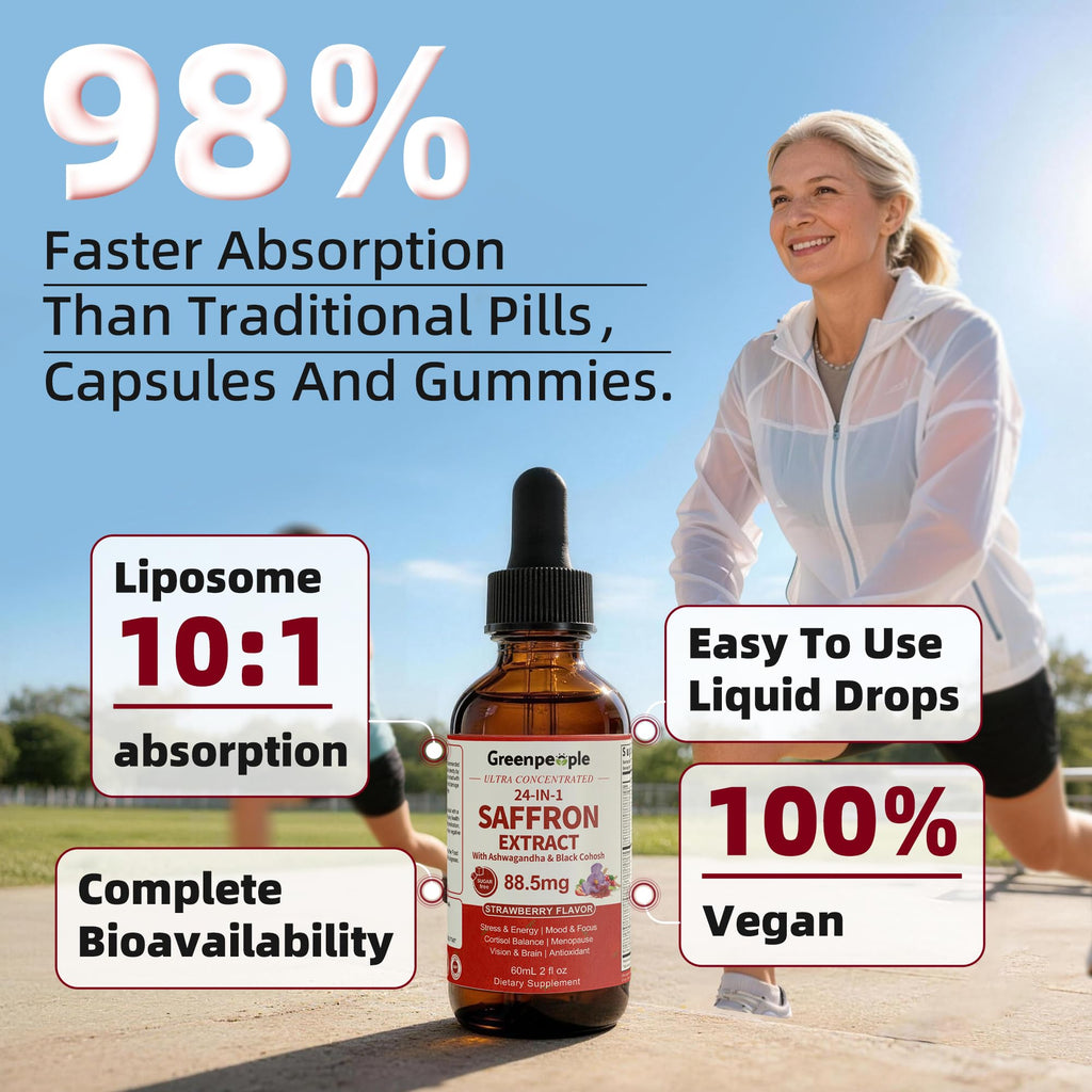 GREENPEOPLE Saffron Extract Supplements Drop - 24-in-1 88.5mg Saffron Extract with Ashwagandha,Black Cohosh & Lion's Mane for Mood&Focus,Stress Relief,Cortisol Reducer,Menopause – Vegan 2FL OZ GREENPEOPLE Au supplements