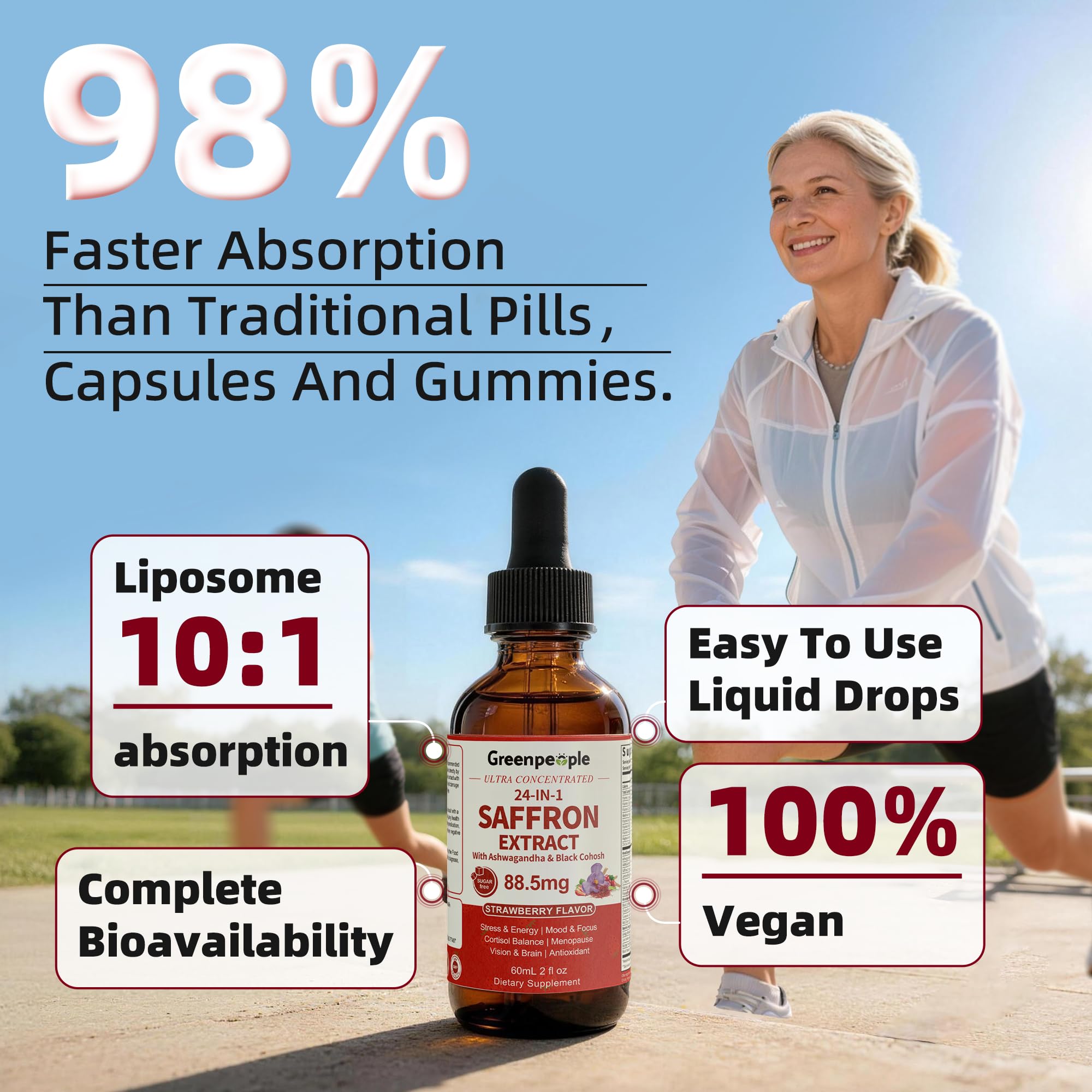 GREENPEOPLE Saffron Extract Supplements Drop - 24-in-1 88.5mg Saffron Extract with Ashwagandha,Black Cohosh & Lion's Mane for Mood&Focus,Stress Relief,Cortisol Reducer,Menopause – Vegan 2FL OZ GREENPEOPLE Au supplements
