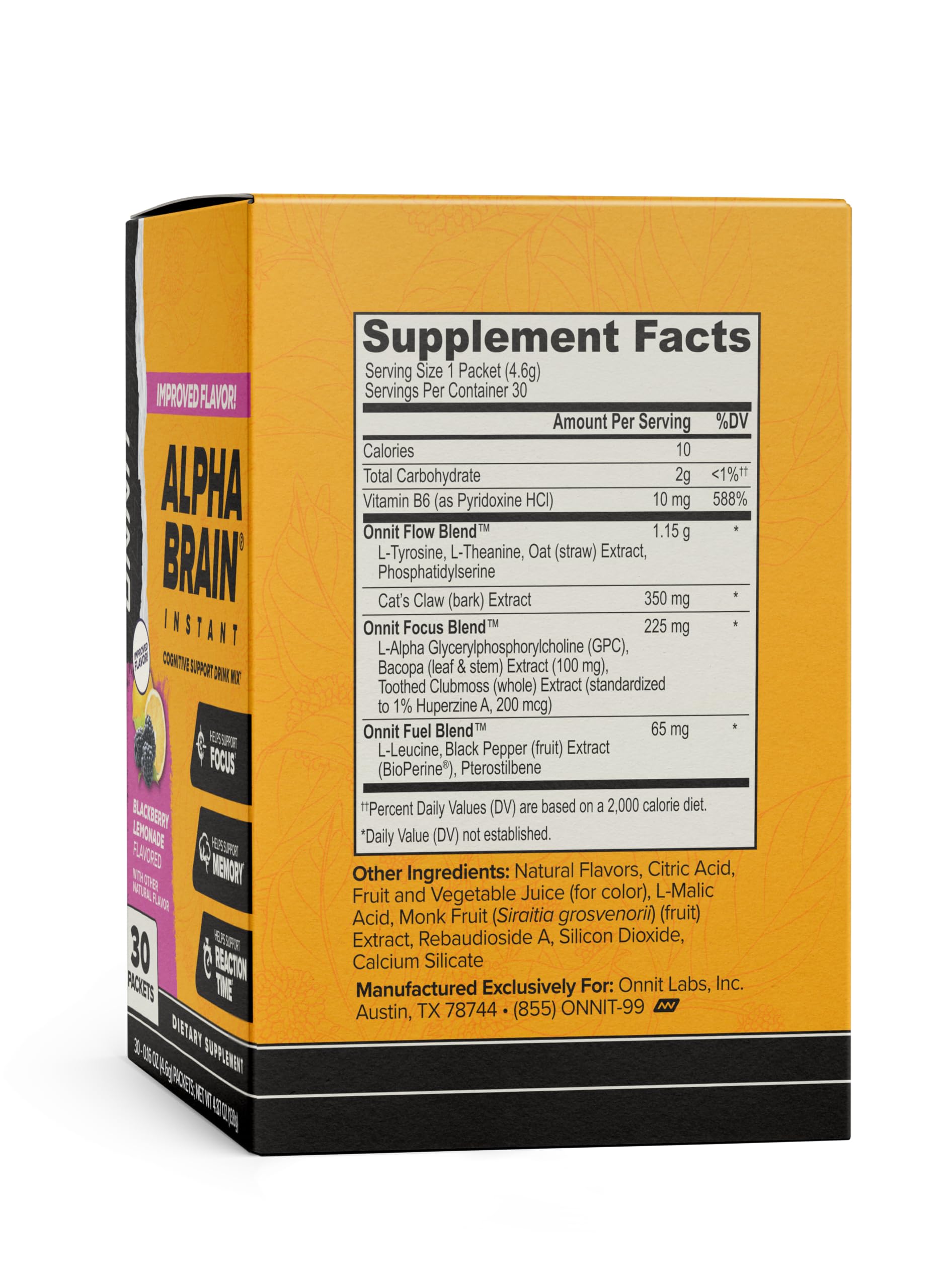 ONNIT Alpha Brain Instant Cognitive Support Drink Mix, BlackBerry Lemonade Flavor, Nootropic Supplement for Focus, Memory, and Clarity, 0.13 oz Packets, 30 Count ONNIT Au supplements