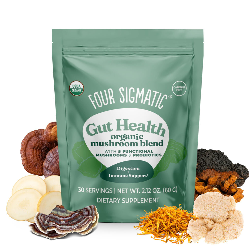 Four Sigmatic Gut Health Mushroom Blend | Organic Mushroom Powder Complex with Turkey Tail, Lion’s Mane, Cordyceps, Chaga, Probiotics and More