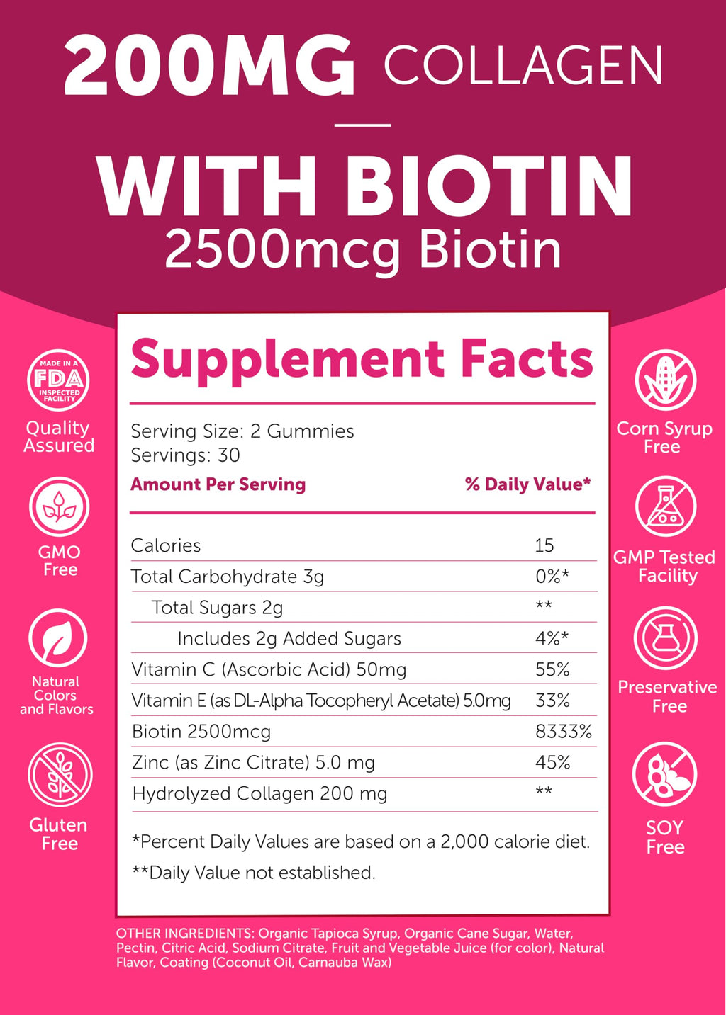 Lunakai USA Made Collagen Peptides Gummies - 200mg Non-GMO Anti-Aging Formula with Biotin, Zinc, Vitamins C
