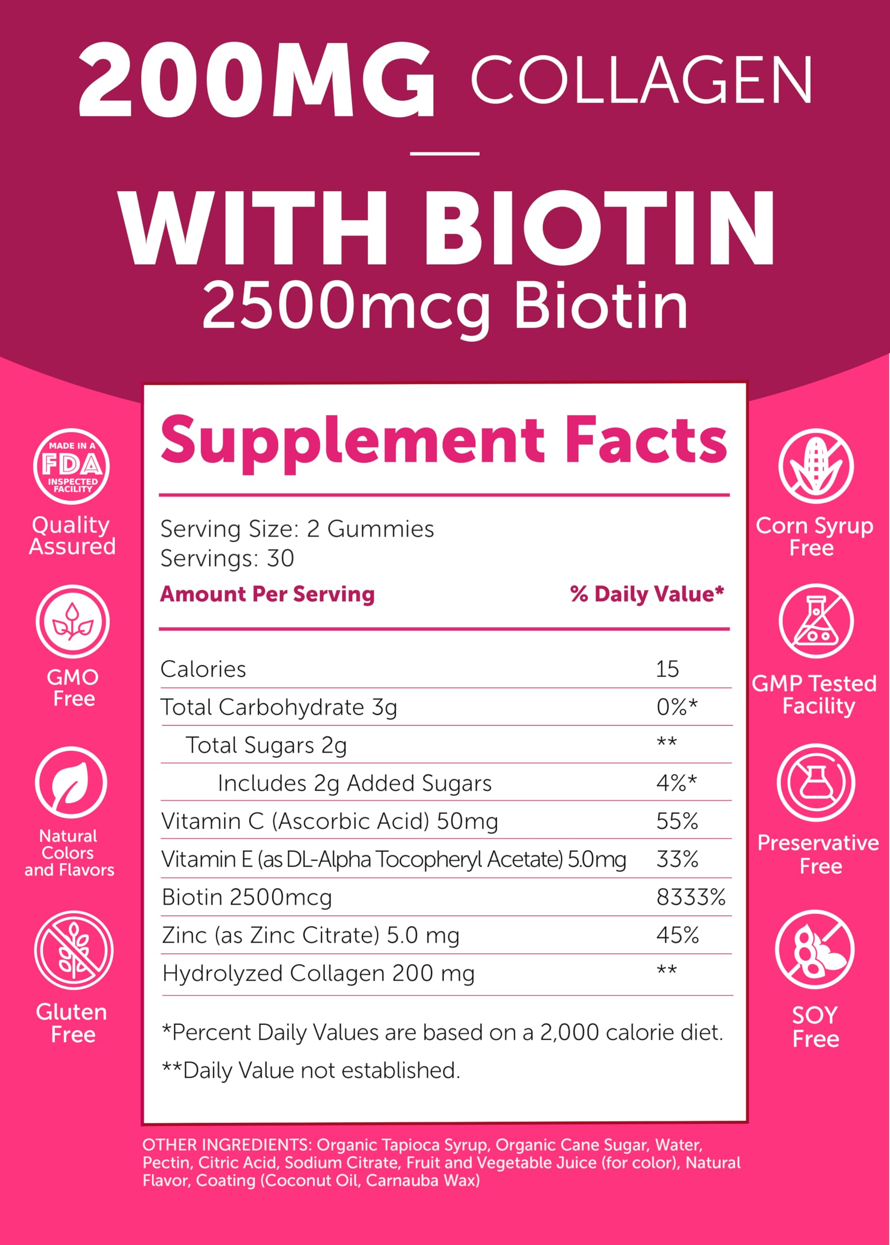 Lunakai USA Made Collagen Peptides Gummies - 200mg Non-GMO Anti-Aging Formula with Biotin, Zinc, Vitamins C