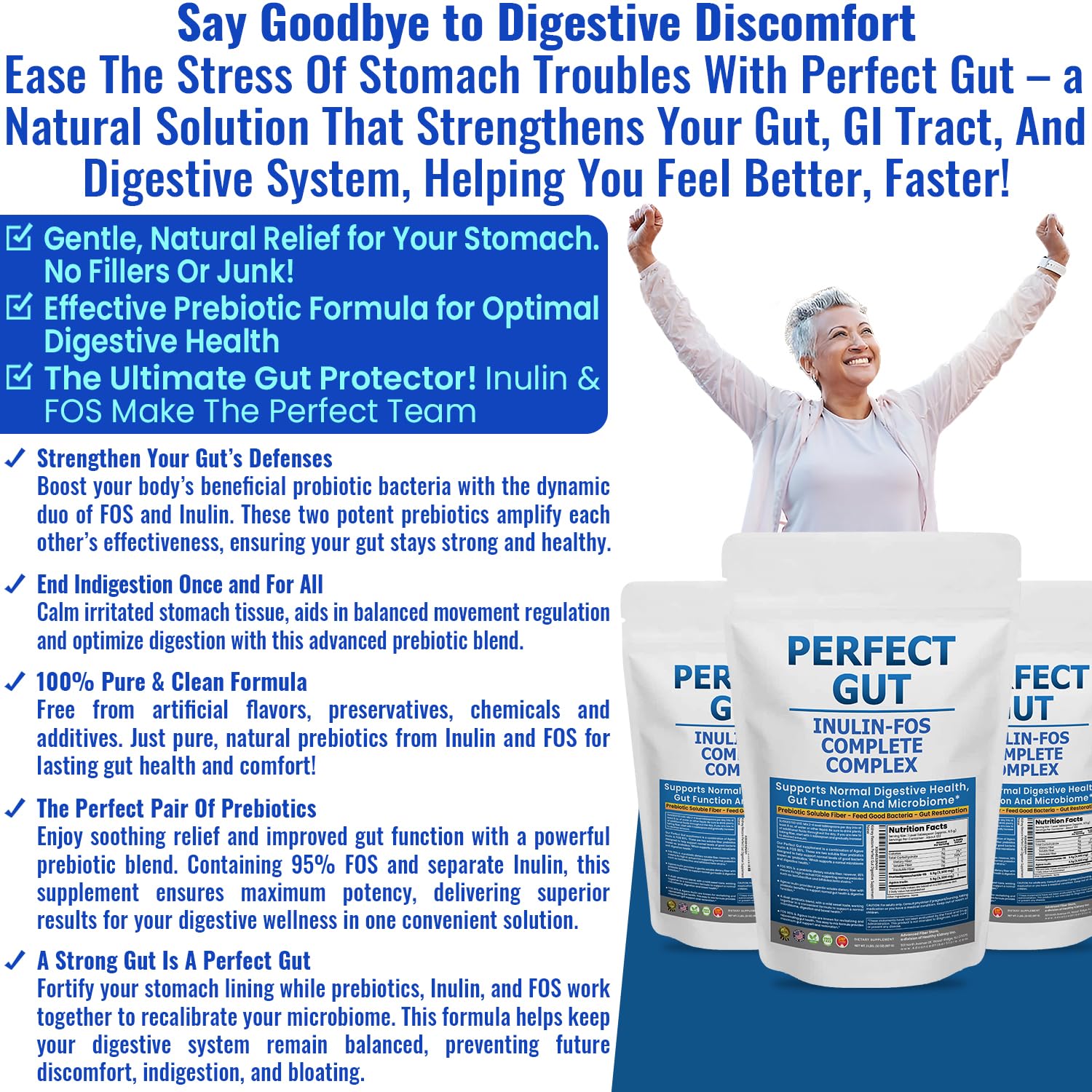 Perfect Gut: Inulin FOS Powder for Gut Health. Prebiotic Inulin. Unique Prebiotic 95% FOS Inulin Agave Fiber