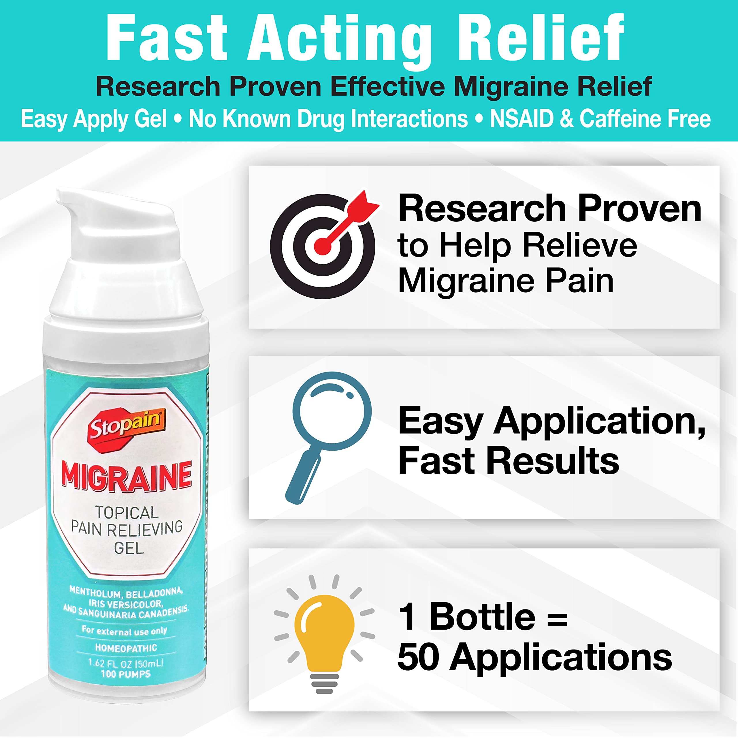 Stopain Migraine Pain Relief Gel Pump, 1.62oz, USA Made, Max Strength Fast Acting Research Proven Topical Effective at Any Stage, No Known Side Effects or Drug Interactions, HSA FSA Approved Products Stopain Au supplements