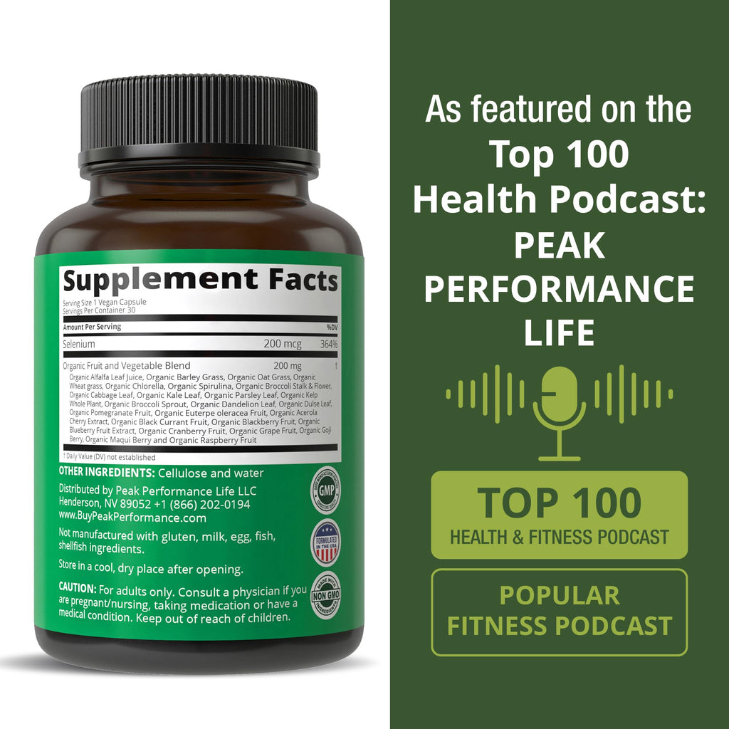 Selenium Supplement with Whole Food Blend of 25+ Vegetables and Fruits for Max Absorption. Pure Selenium Vegan Capsules for Immune System, Thyroid Support, Heart Health, Prostate Support. 30 Pills Peak Performance Au supplements