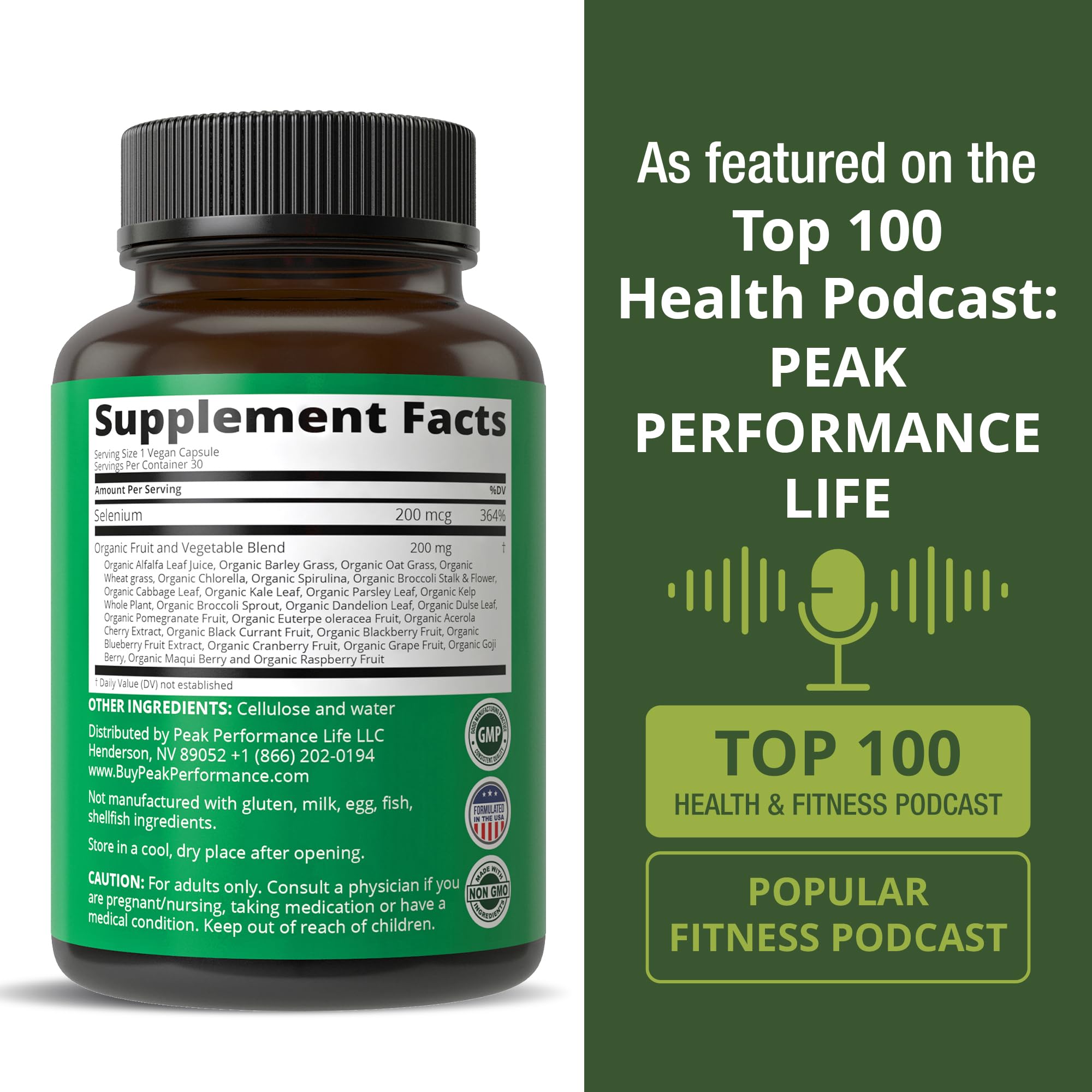 Selenium Supplement with Whole Food Blend of 25+ Vegetables and Fruits for Max Absorption. Pure Selenium Vegan Capsules for Immune System, Thyroid Support, Heart Health, Prostate Support. 30 Pills Peak Performance Au supplements